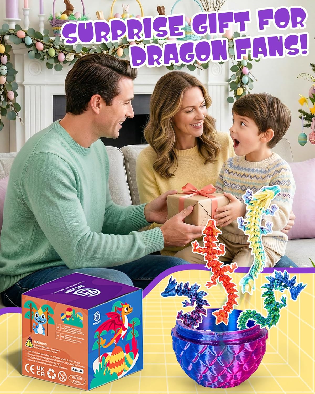 TBOLINE 4PCS 3D Printed Dragon Egg, Easter Basket Stuffers for Kids