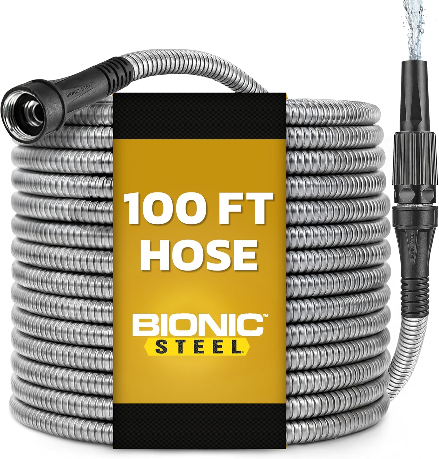 BIONIC STEEL 100 Ft Metal Garden Hose with Sprayer Nozzle, Non Kinking