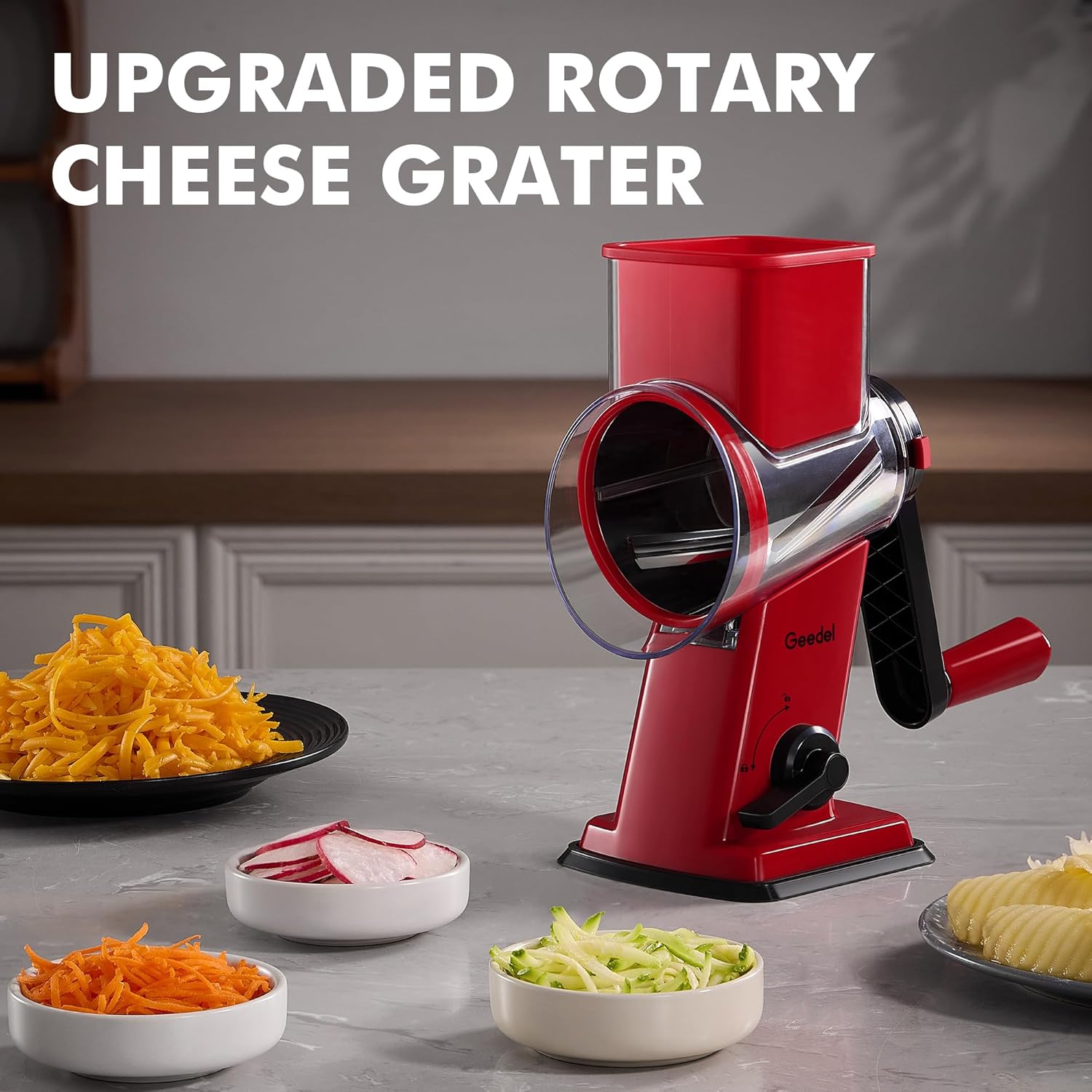 Geedel Rotary Cheese Grater, Kitchen Mandoline Vegetable Slicer with 3