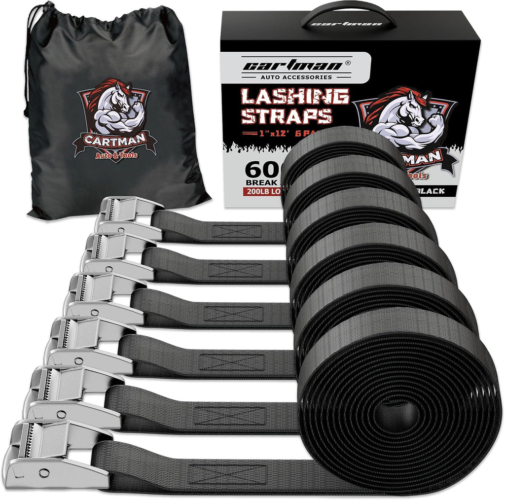Cartman 1" x 12 ft Lashing Straps, 6 Pack, 600 lb Break Strength, Black