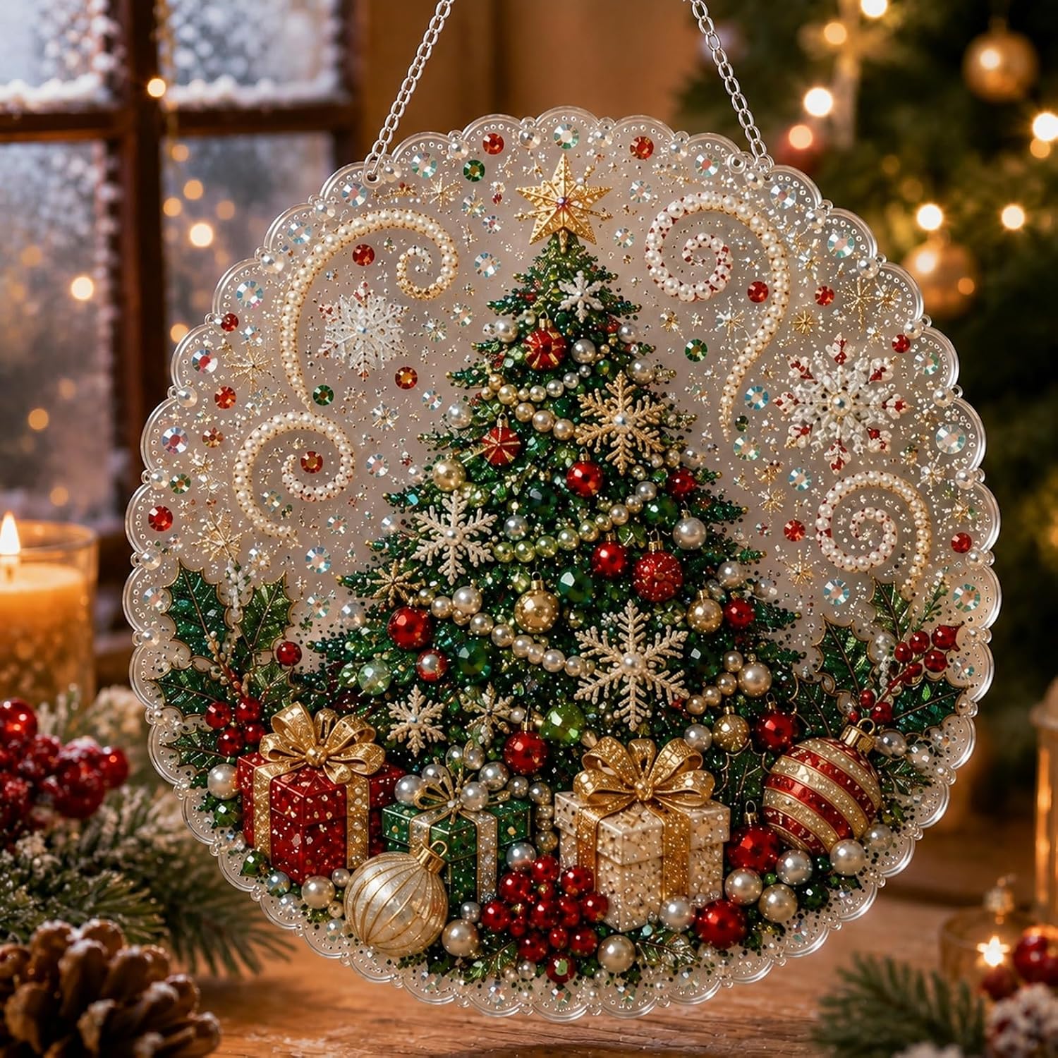 Christmas Pearl Diamond Painting Suncatcher Kit, DIY Craft (#C, 8in)
