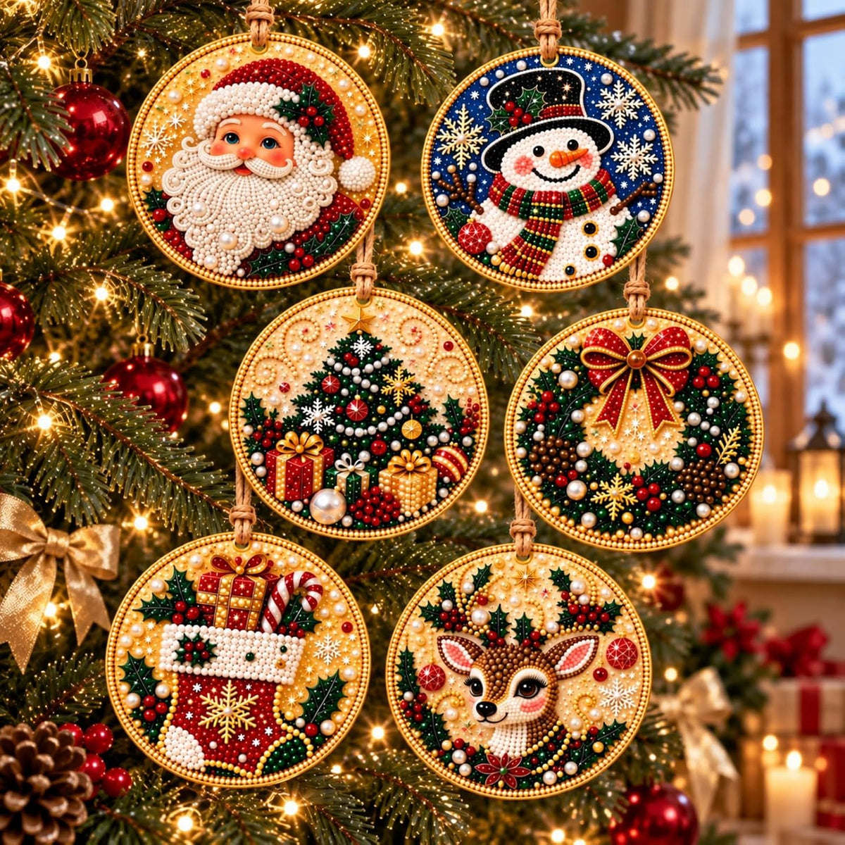 6 PCS DIY Pearl Diamond Art Kits for Adults, Wooden Christmas Ornaments