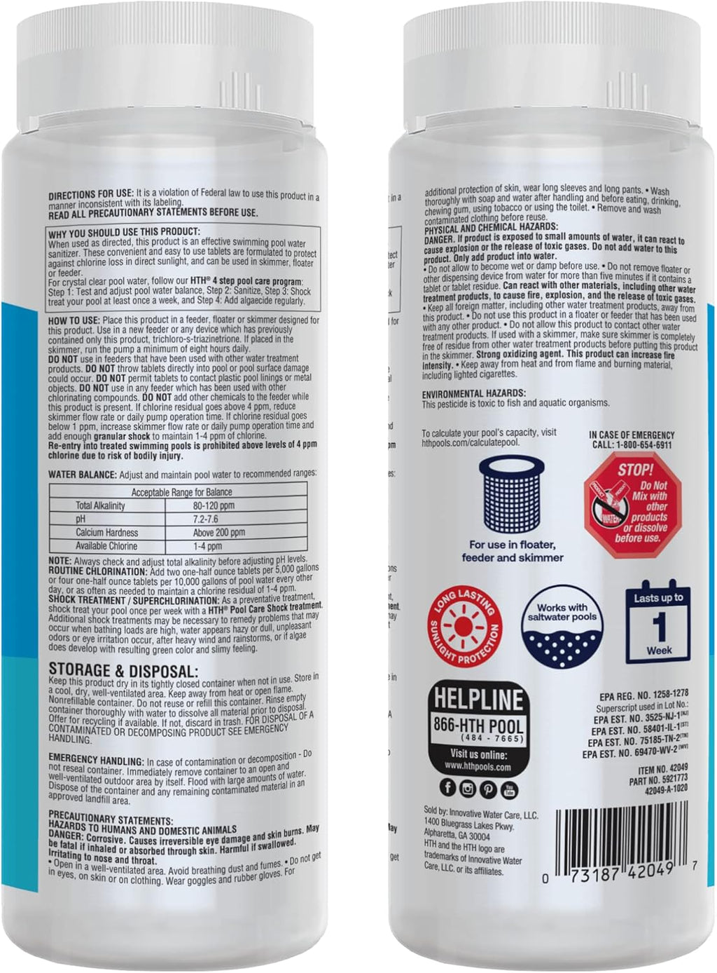 HTH 42049 Pool Care 1" Chlorine Tabs, Swimming Pool Sanitizer with Added
