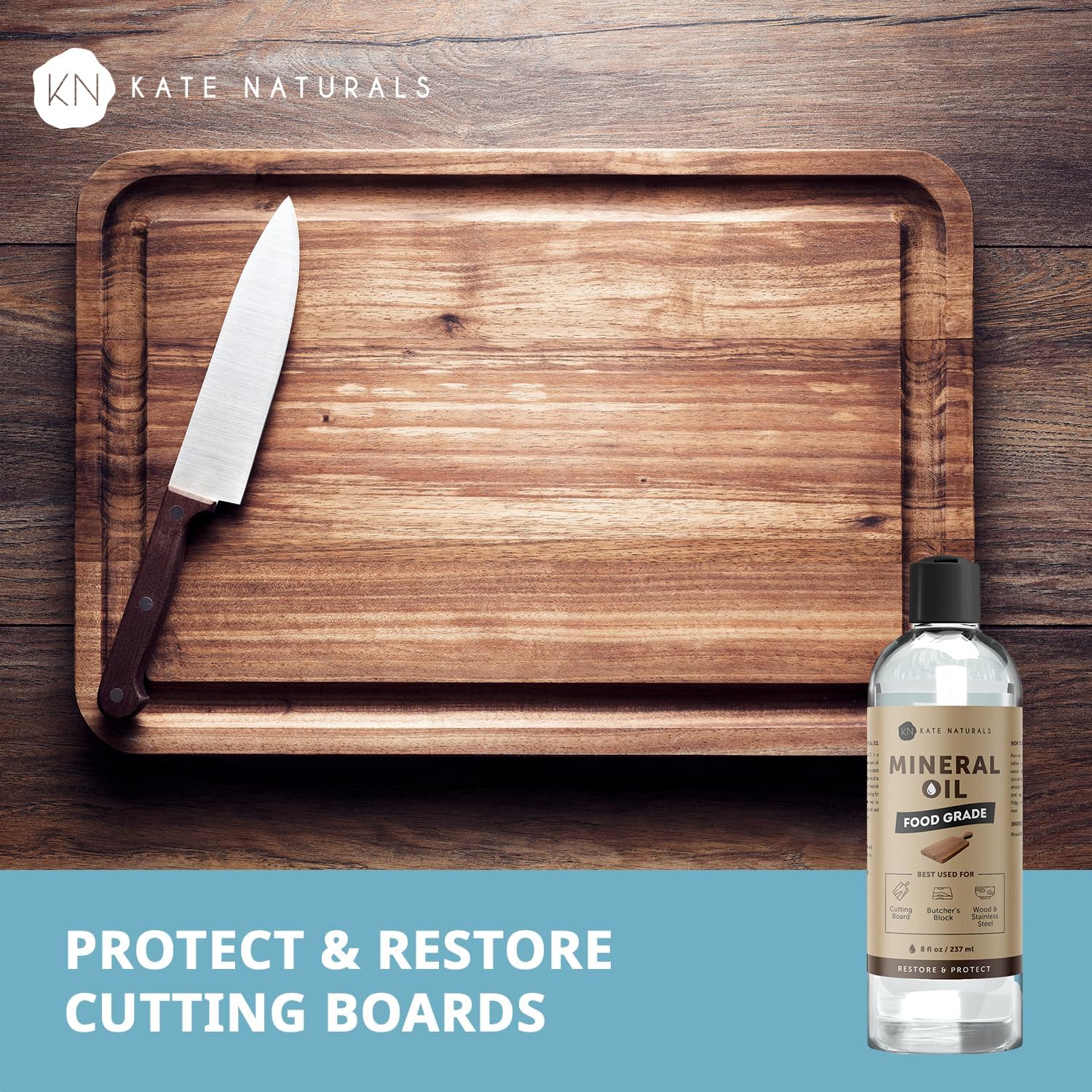 Kate Naturals Mineral Oil for Wood Cutting Board, Butcher Block, and Knife.