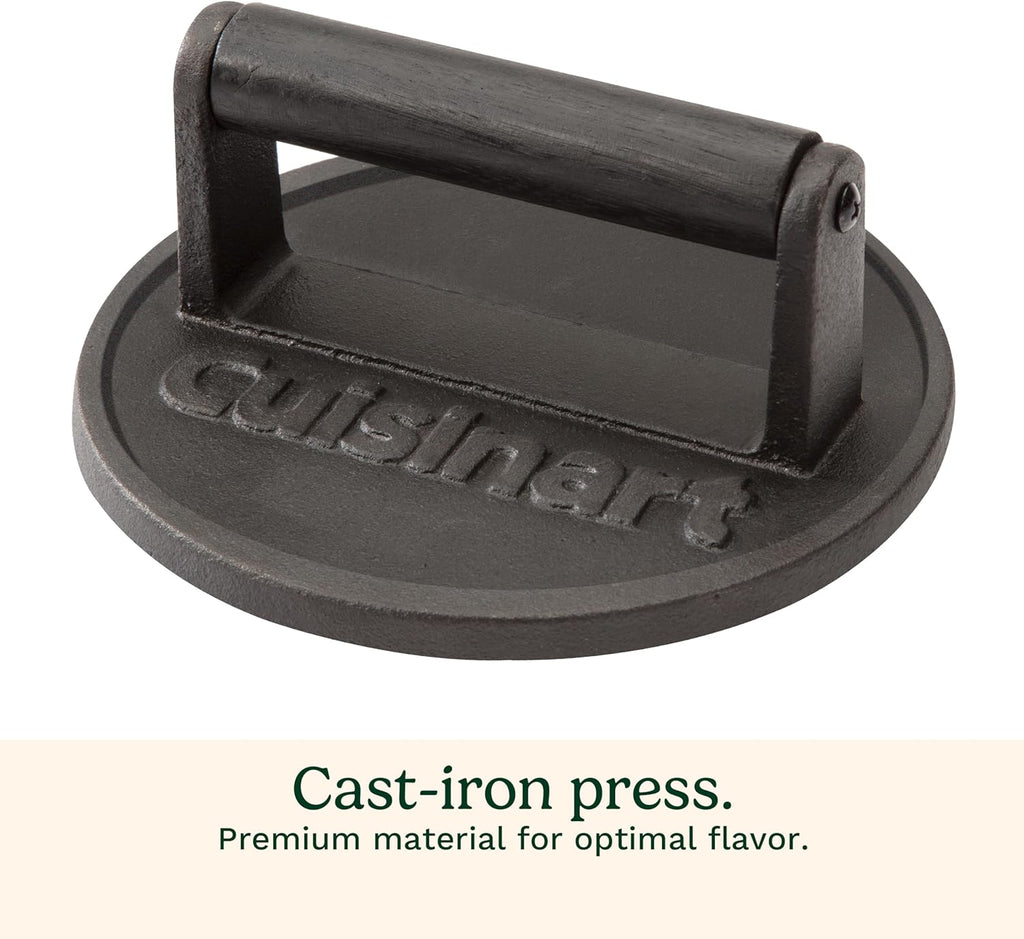 Cuisinart 6.5" Cast Iron Smashed Burger Press, Round Flat Edge Grill Press