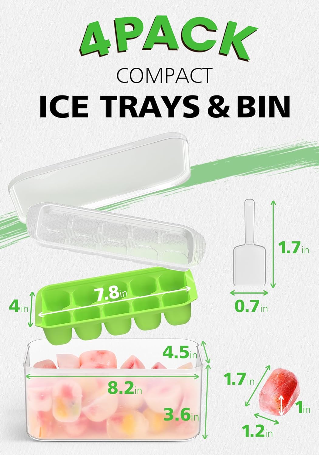 DOQAUS Ice Cube Tray with Lid and Bin - 4 Pack Ice Bucket Kits, Stackable