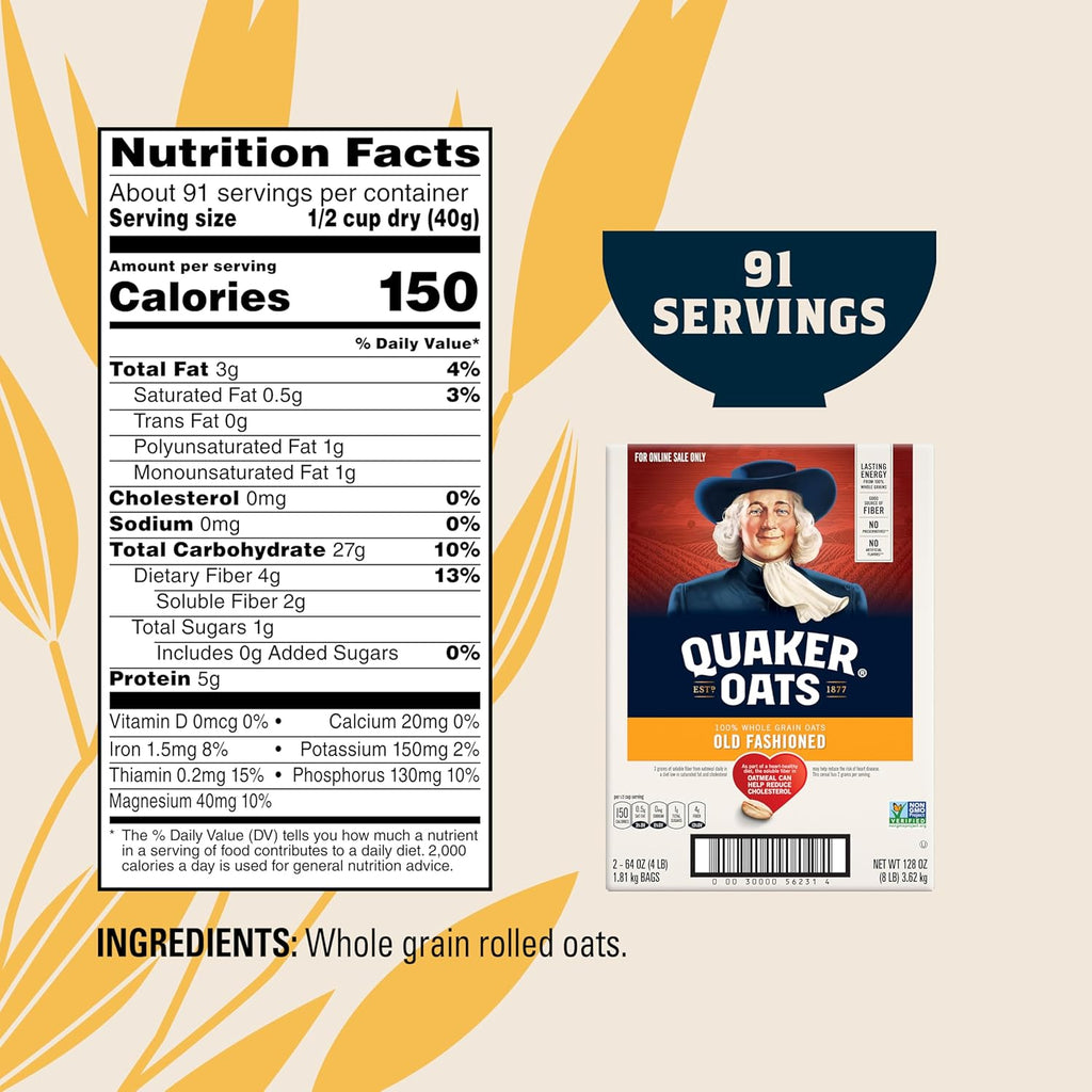 Quaker Old Fashioned Rolled Oats, Non GMO Project Verified, Two 64oz Bags in