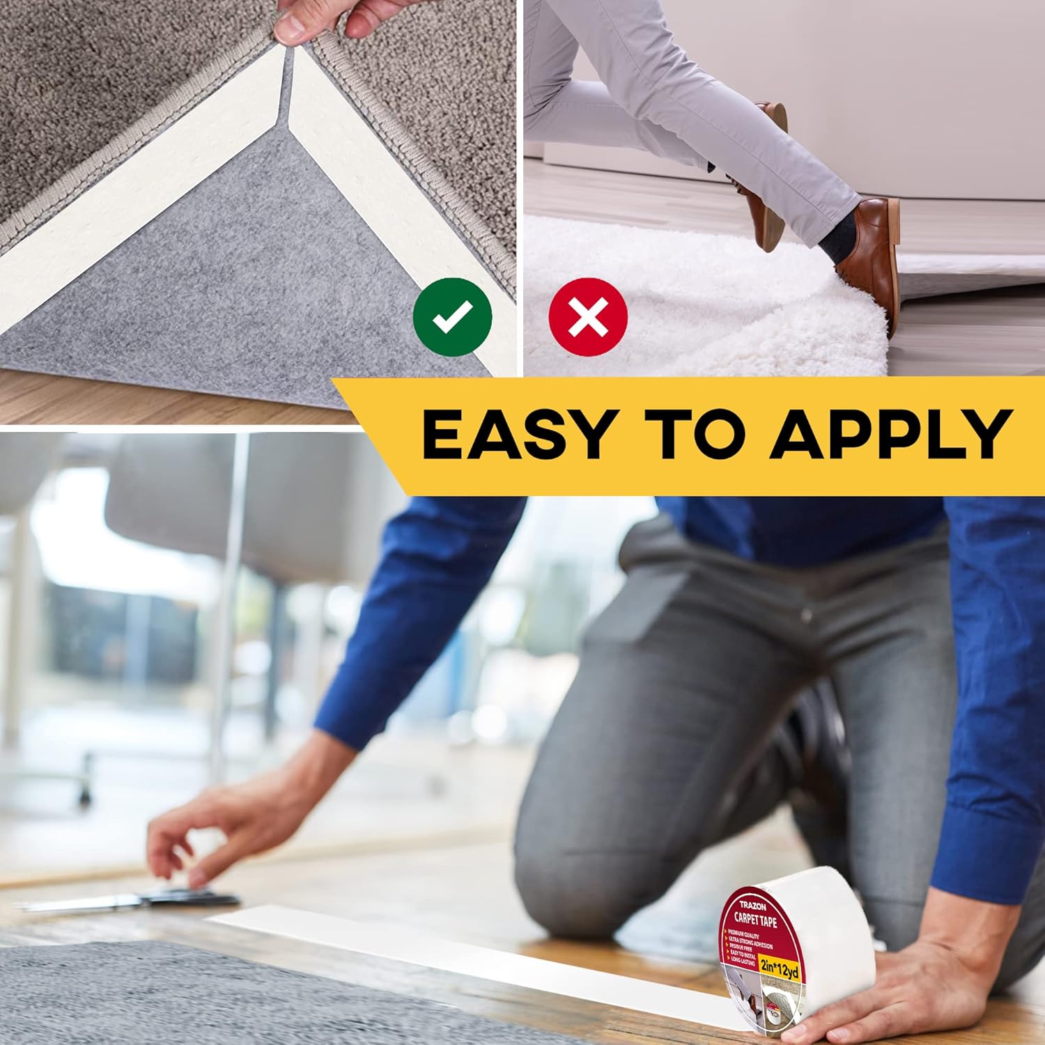 Carpet Tape Double Sided - Rug Tape Grippers for Hardwood Floors and Area