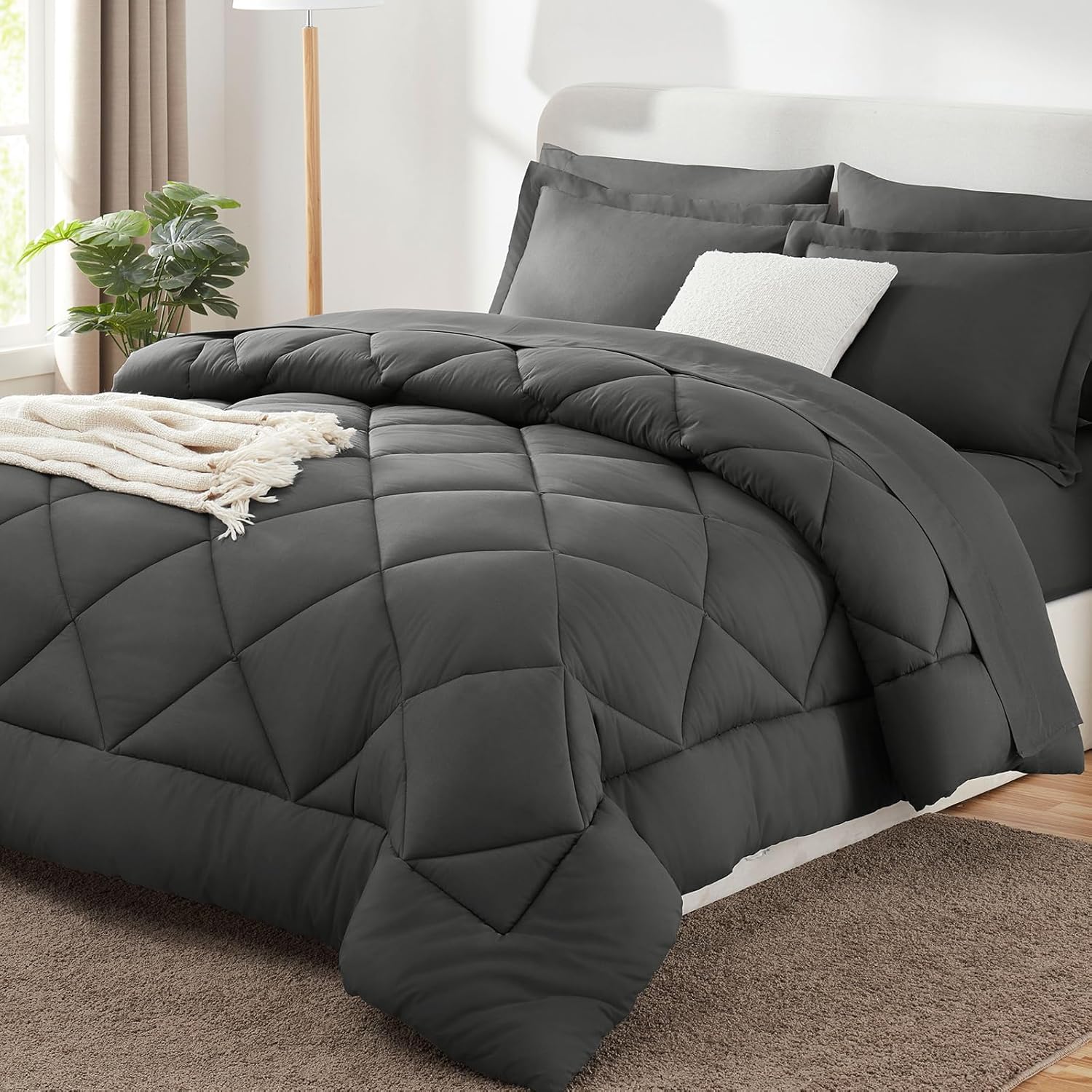 CozyLux Queen Comforter Set Dark Grey - Bed in a Bag Queen Size 7 Pieces