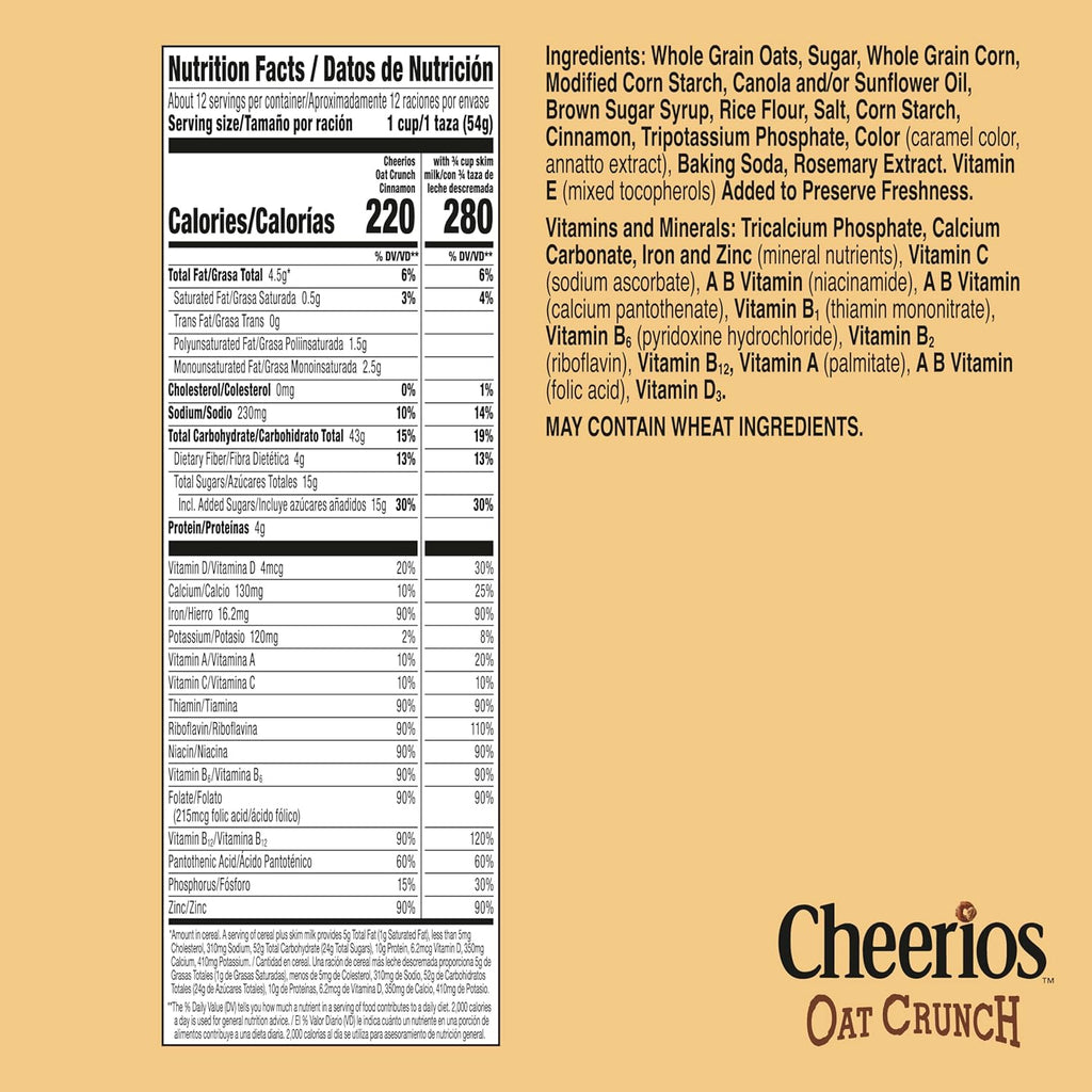 Cheerios Oat Crunch Cinnamon Breakfast Cereal, Made with Whole Grain, Family