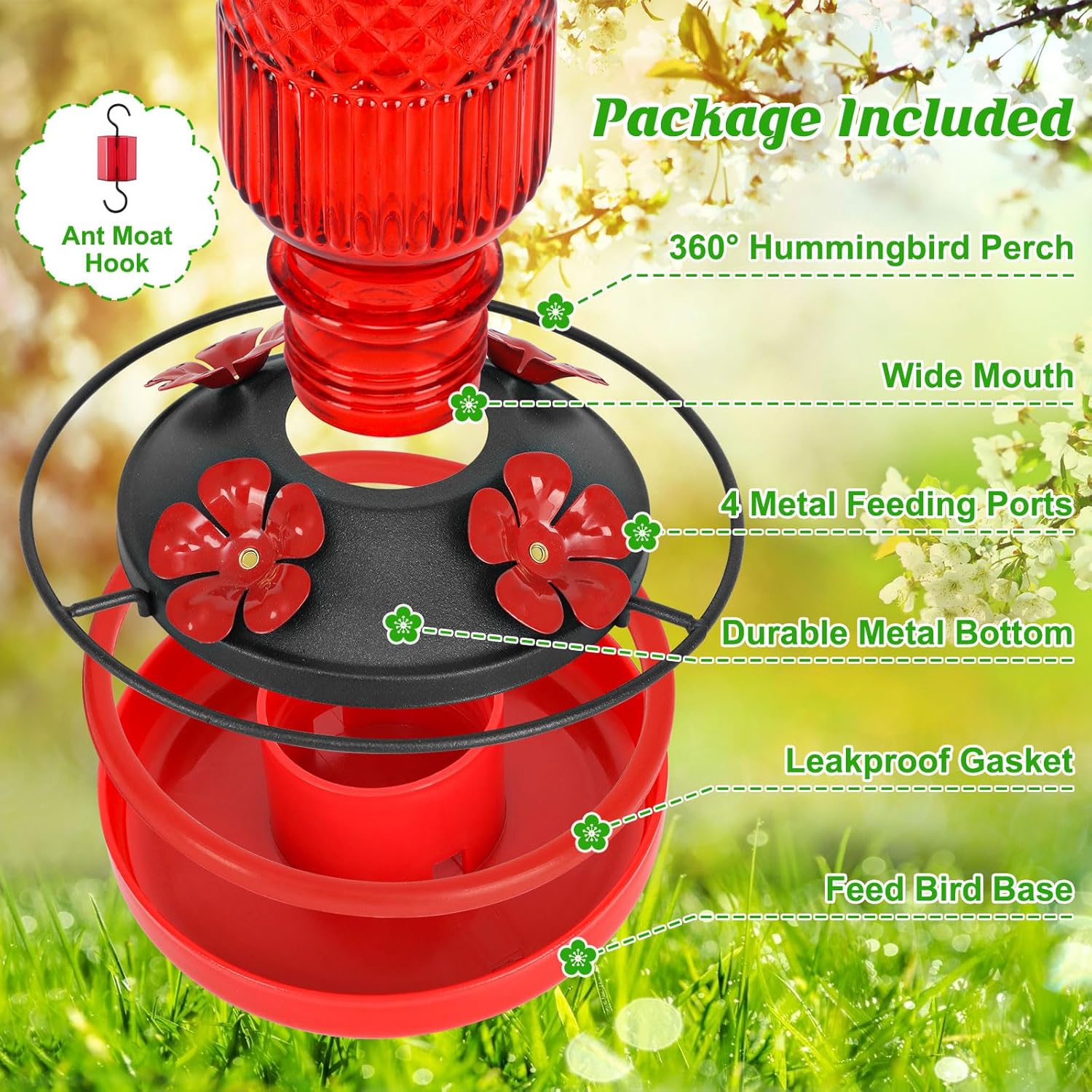 FEED GARDEN Glass Hummingbird Feeder, 16oz Outdoor Hanging Bird Feeder with