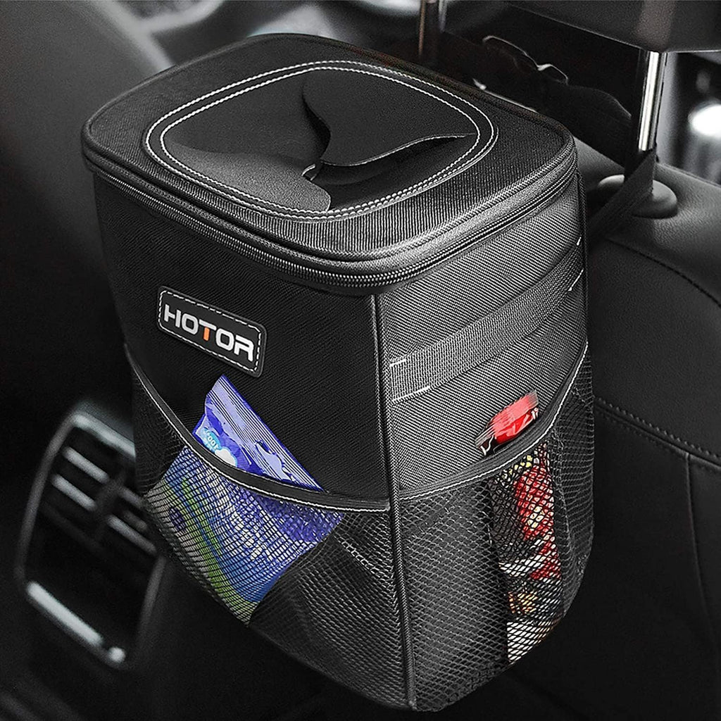 HOTOR Car Trash Can with Lid and Storage Pockets - 100% Leak-Proof Organizer