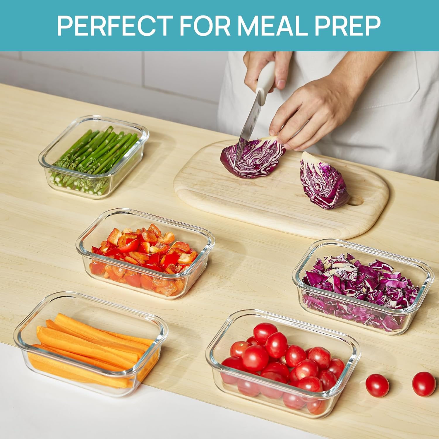 Vtopmart 5Pack 22oz Glass Storage Containers with Lids, Glass Meal Prep Food