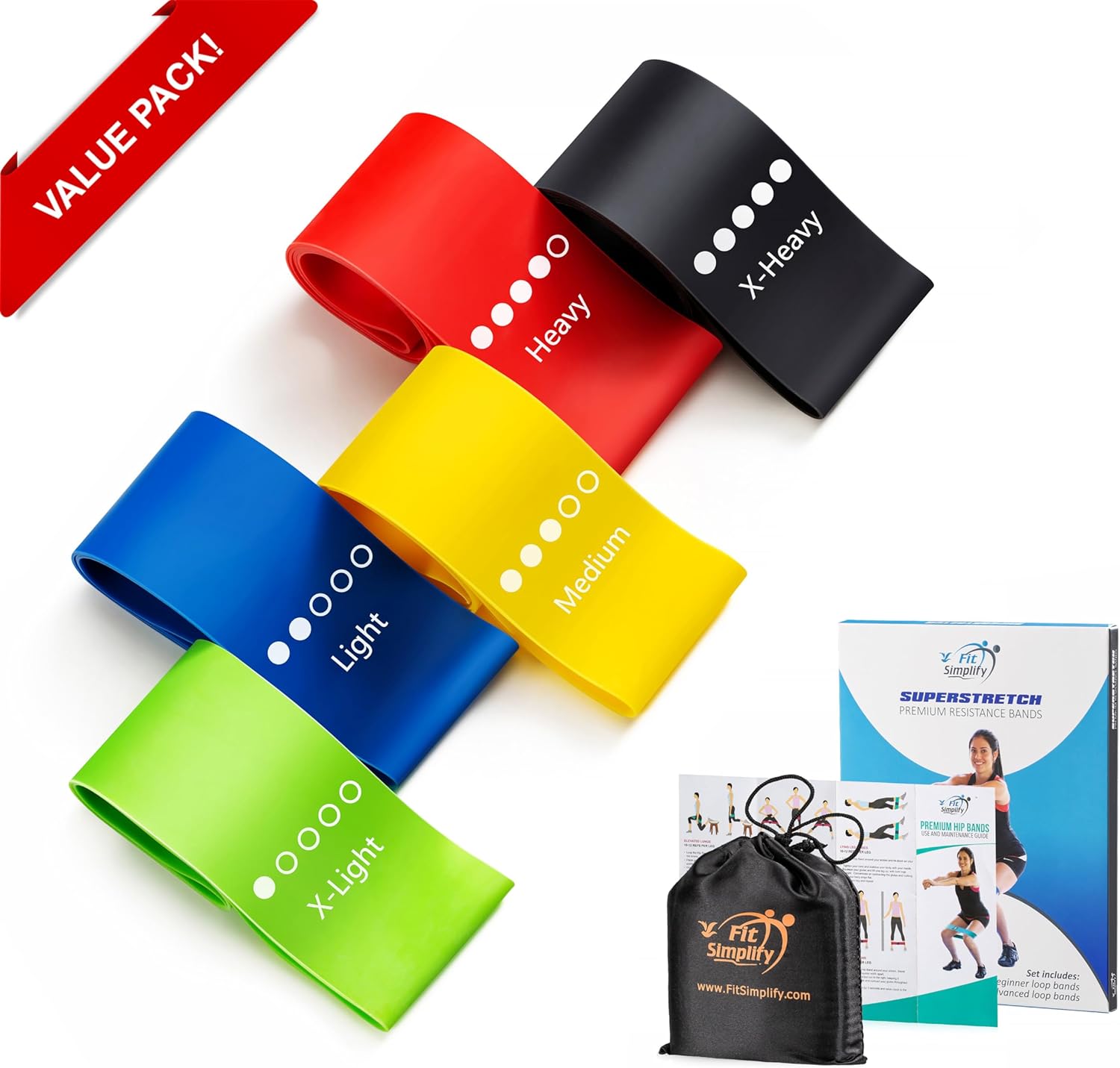 Fit Simplify Resistance Loop Exercise Bands with Instruction Guide and Carry