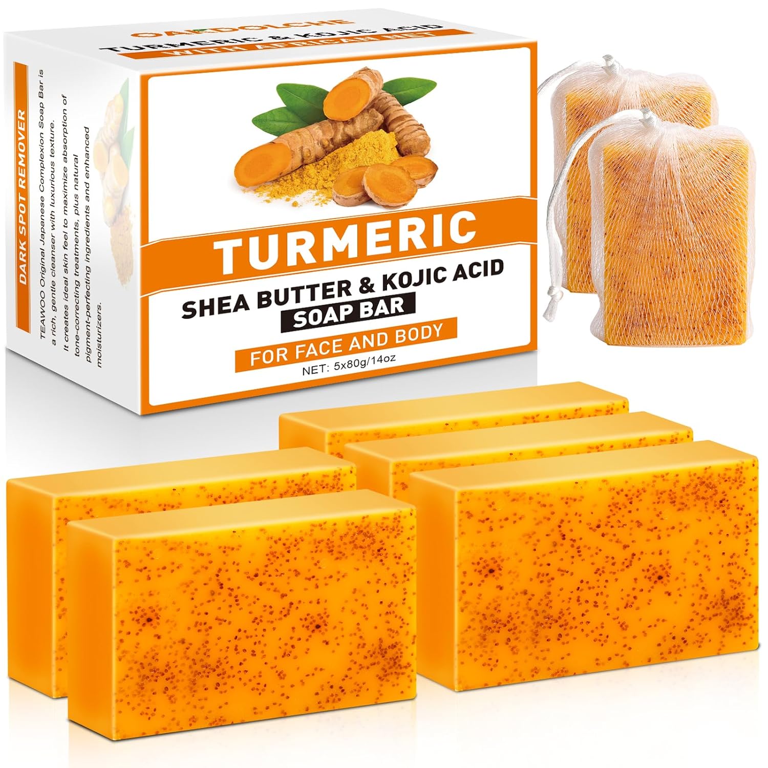 5 Pack Turmeric Kojic Acid Soap Bars(80g) - Infused with Retinol, Hydrolyzed