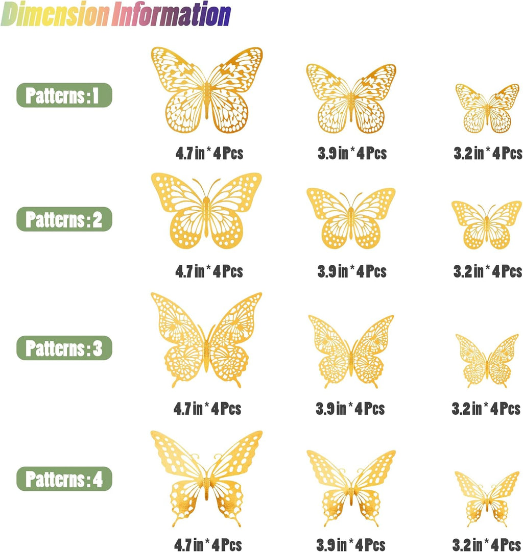 SAOROPEB 3D Butterfly Wall Decor - 48 Pcs, 4 Styles, 3 Sizes, Gold Butterfly
