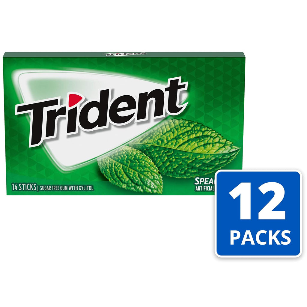 Trident Spearmint Sugar-Free Chewing Gum, 12 Packs of 14 Pieces (168 Total