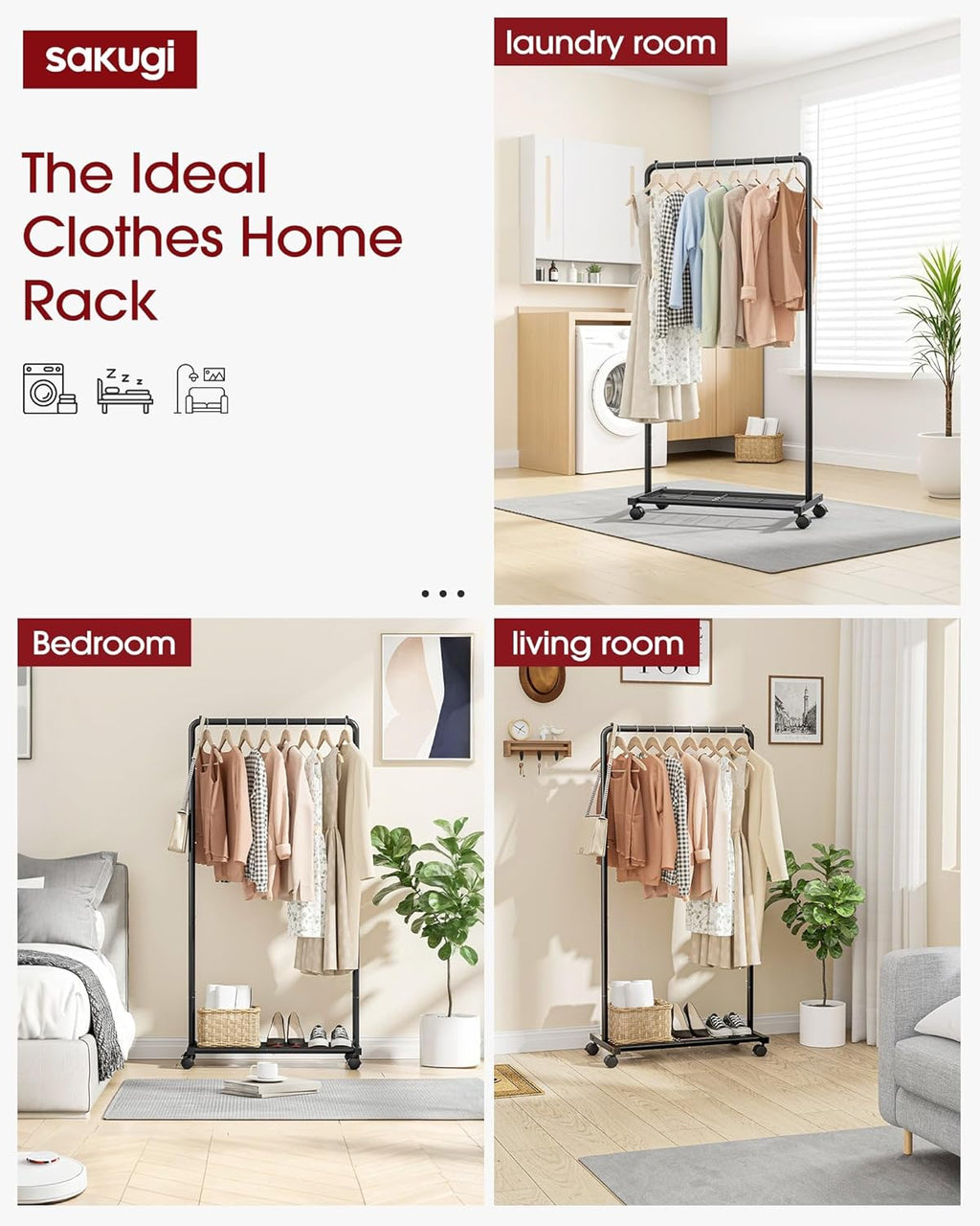 Sakugi Clothes Rack - Clothing Rack with Storage Mesh Shelf & Casters