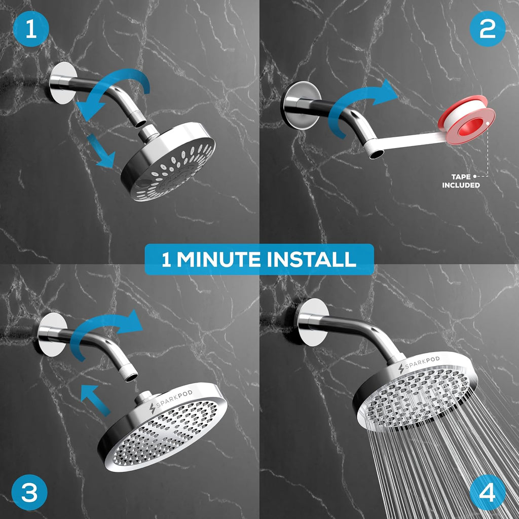 SparkPod Shower Head - High Pressure Rain - Premium Quality Luxury Design