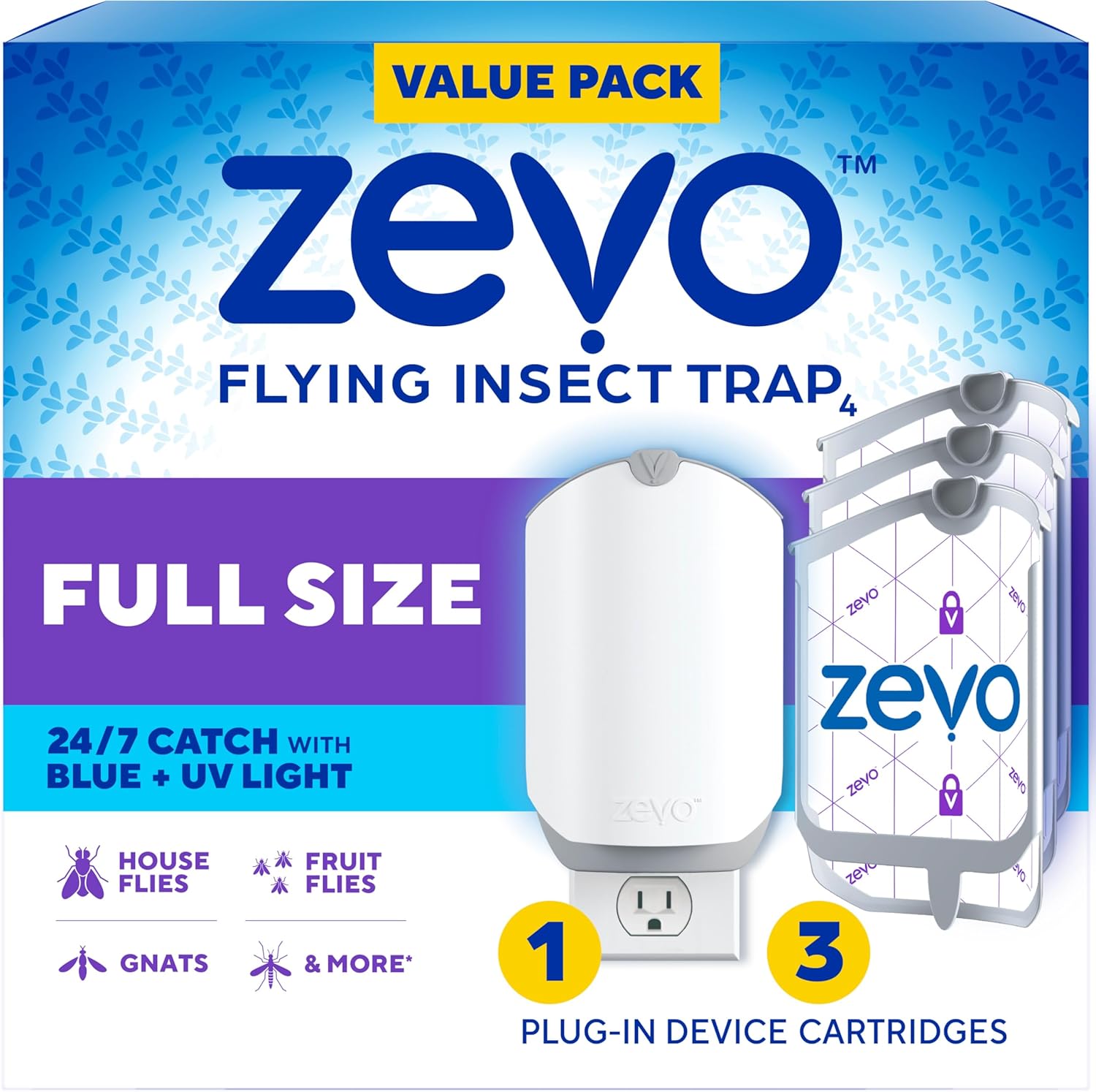 Zevo Flying Insect Trap & 3 Refill Cartridges - Plug in Fly Trap & Indoor Bug