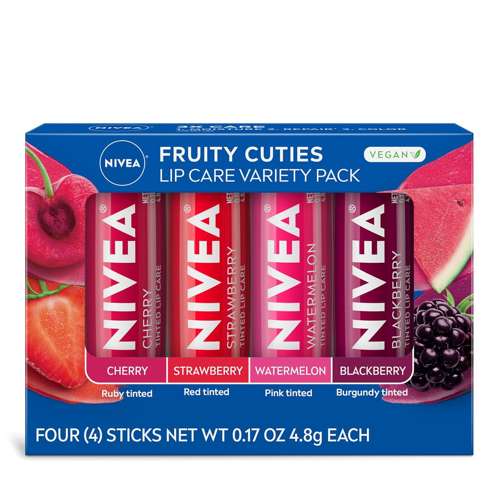 NIVEA Lip Care, Fruity Tinted Lip Balm Variety Pack, Cherry, Strawberry