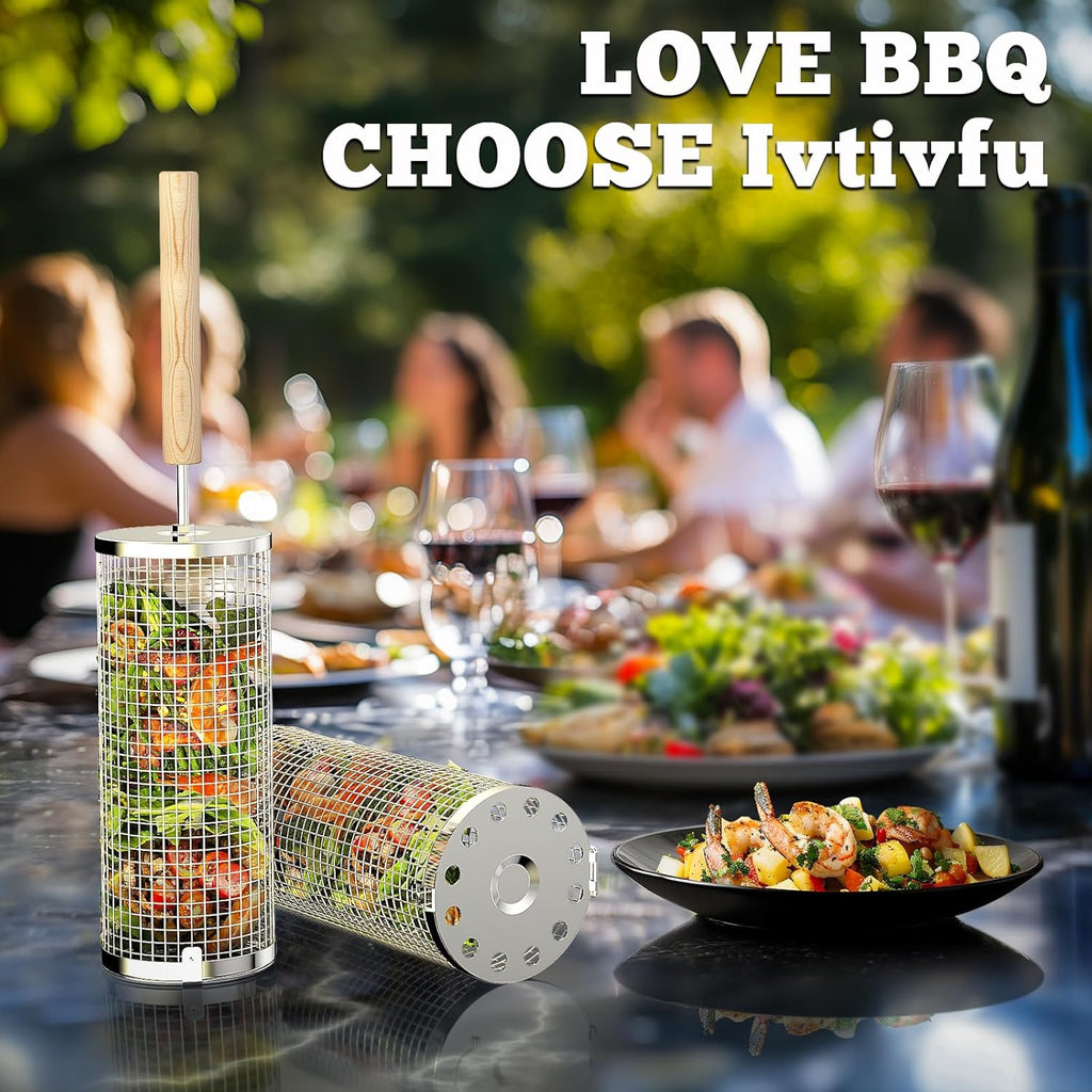 ivtivfu Rolling Grill Basket, Removable Wooden Handle, 304 Stainless Steel
