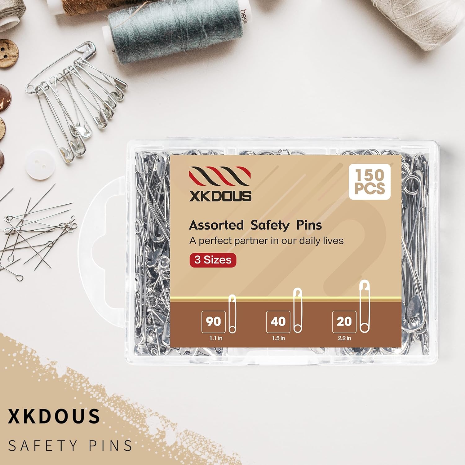 XKDOUS Safety Pins - 150 Pcs Assorted Sizes Silver Pins Bulk - Small & Large