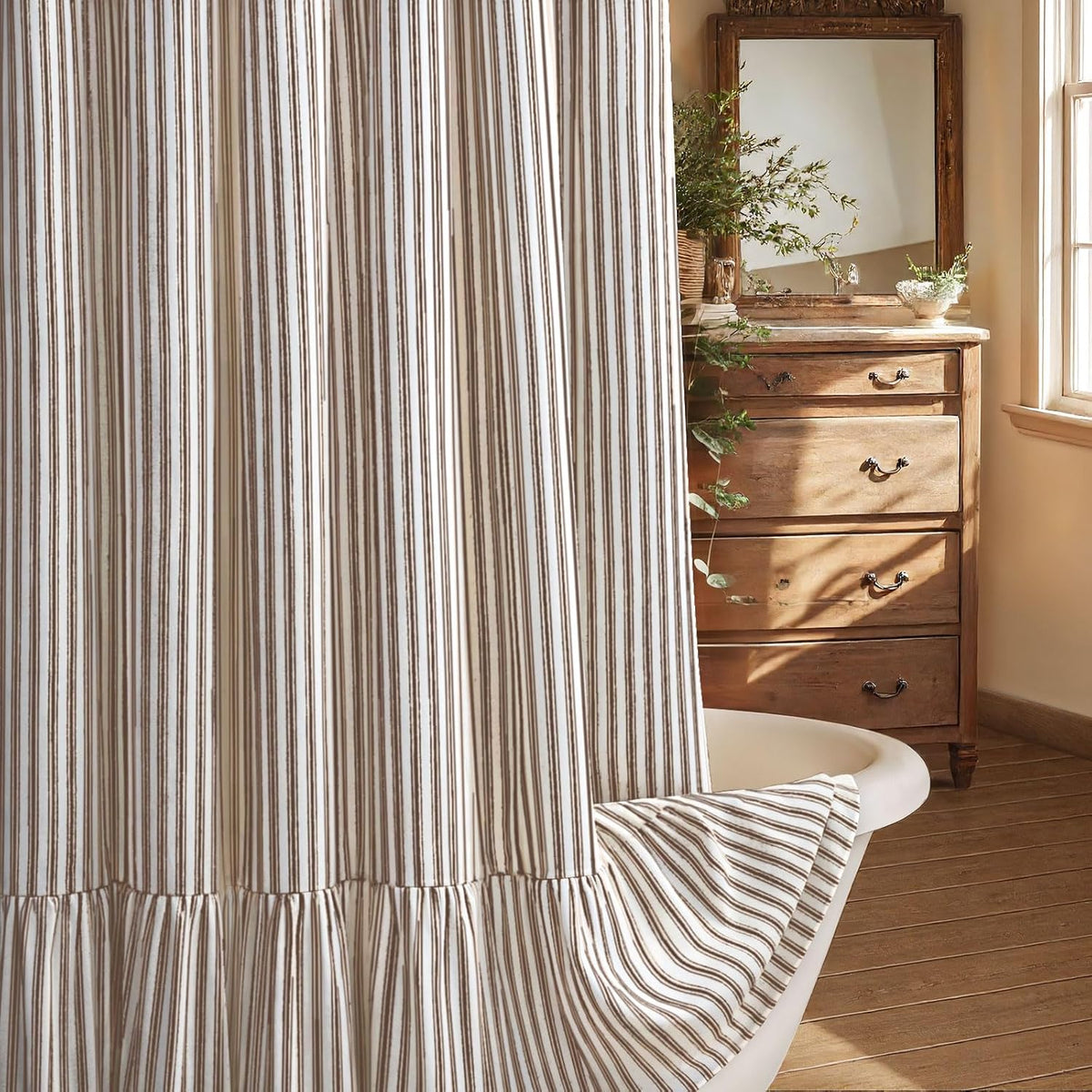 Farmhouse Shower Curtain Ruffle Linen Cream-Brown Stripe 72"W x 72"L
