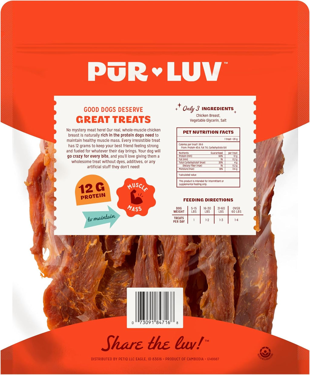 Pur Luv Chicken Jerky Dog Treats, Made with 100% Real Chicken Breast, 16