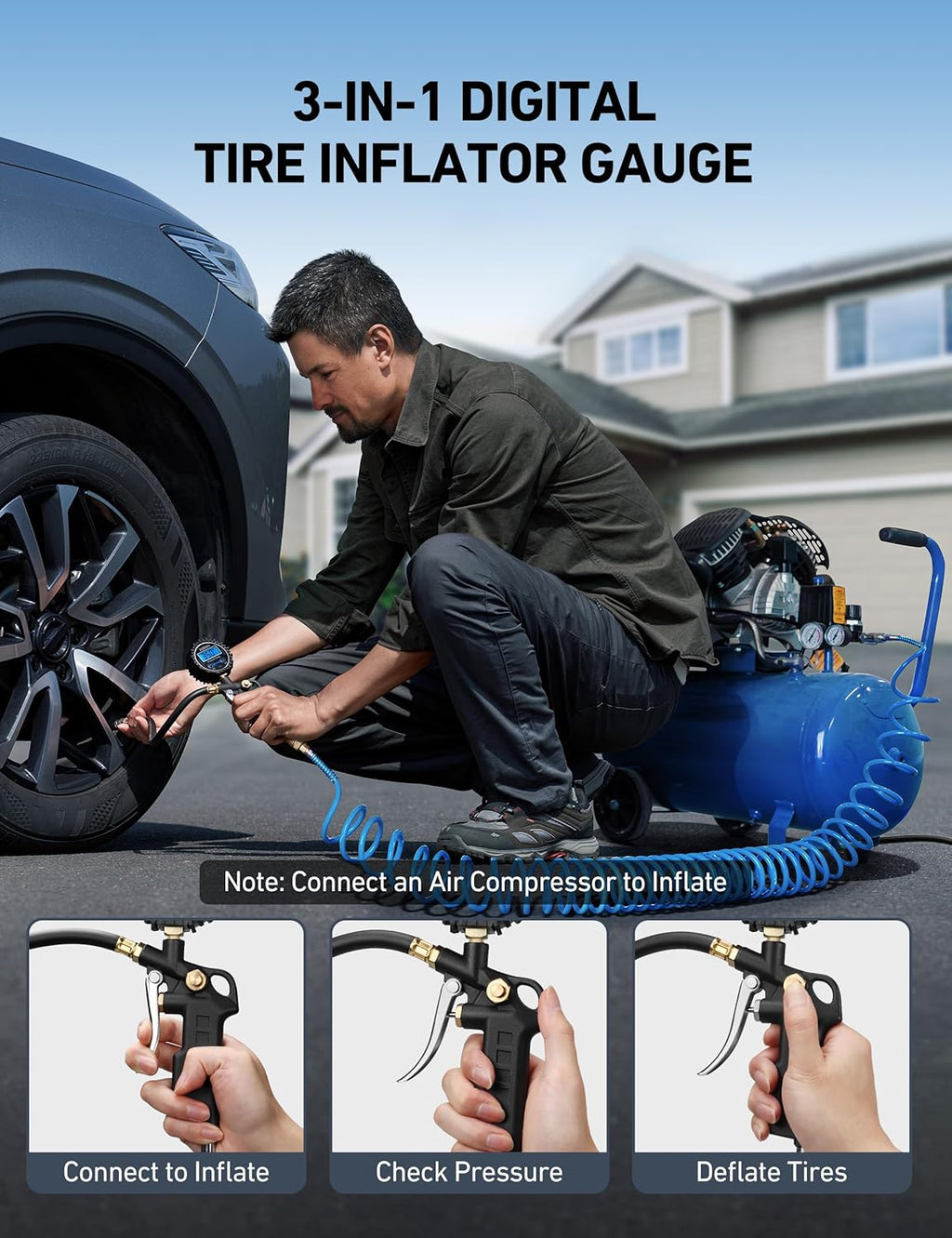 AstroAI Digital Tire Pressure Gauge with Inflator, 3-250 PSI Air Chuck &
