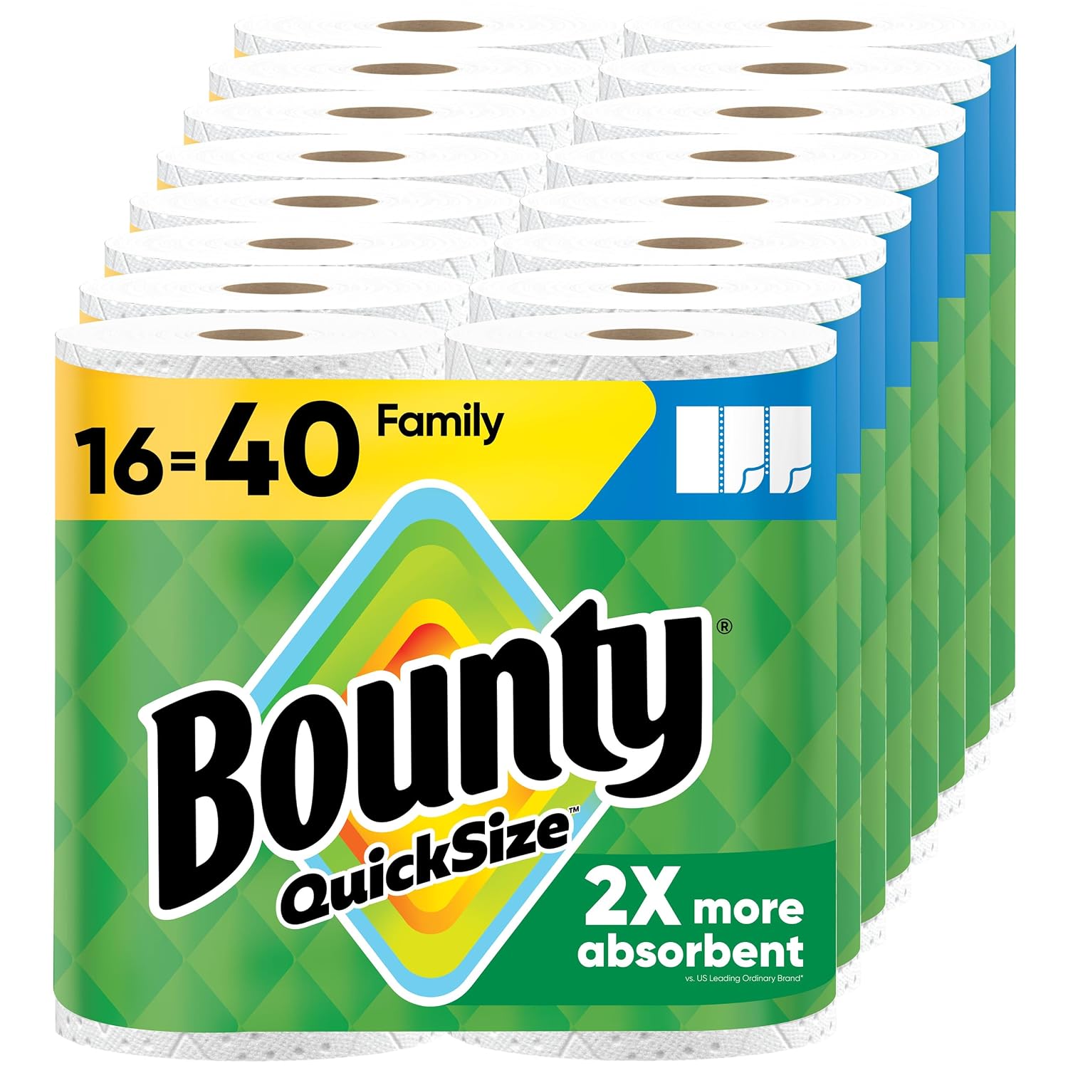 Bounty Paper Towels Quick Size, White, 16 Family Rolls = 40 Regular Rolls