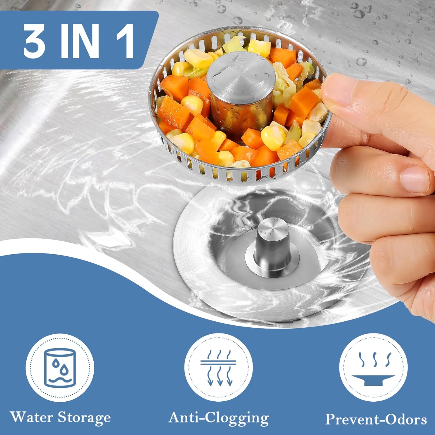 Kitchen Sink Drain Strainer 3 in 1, 304 Stainless Steel Pop Up Sink Stopper