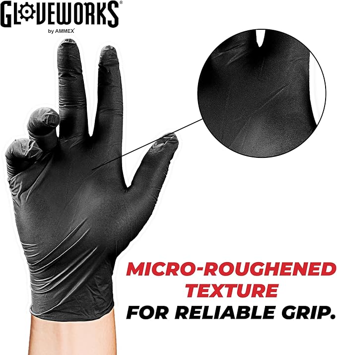 GLOVEWORKS Black Nitrile Gloves 5 Mil Disposable, Latex Free, Textured Grip
