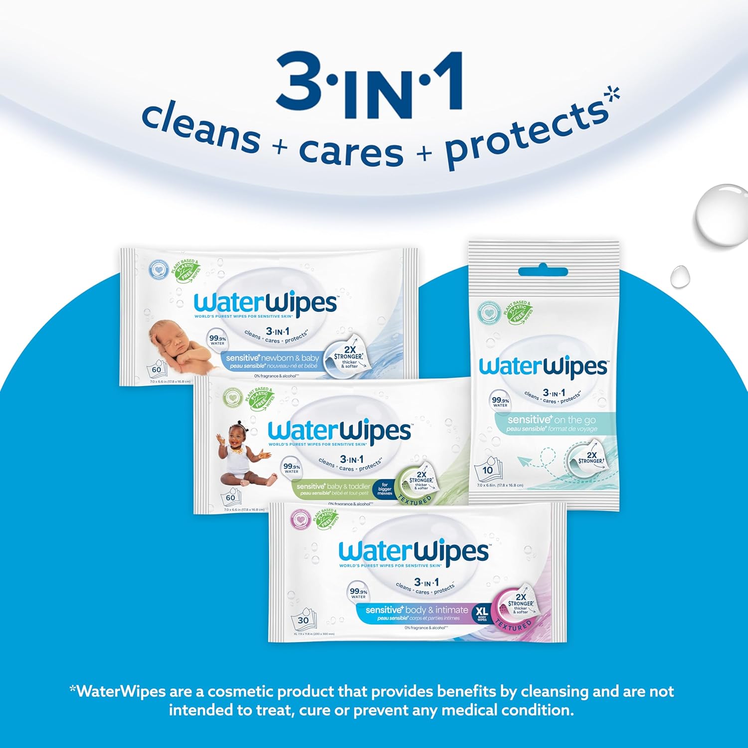 WaterWipes Sensitive+ Newborn & Baby Wipes, 3-In-1 Cleans, Cares, Protects