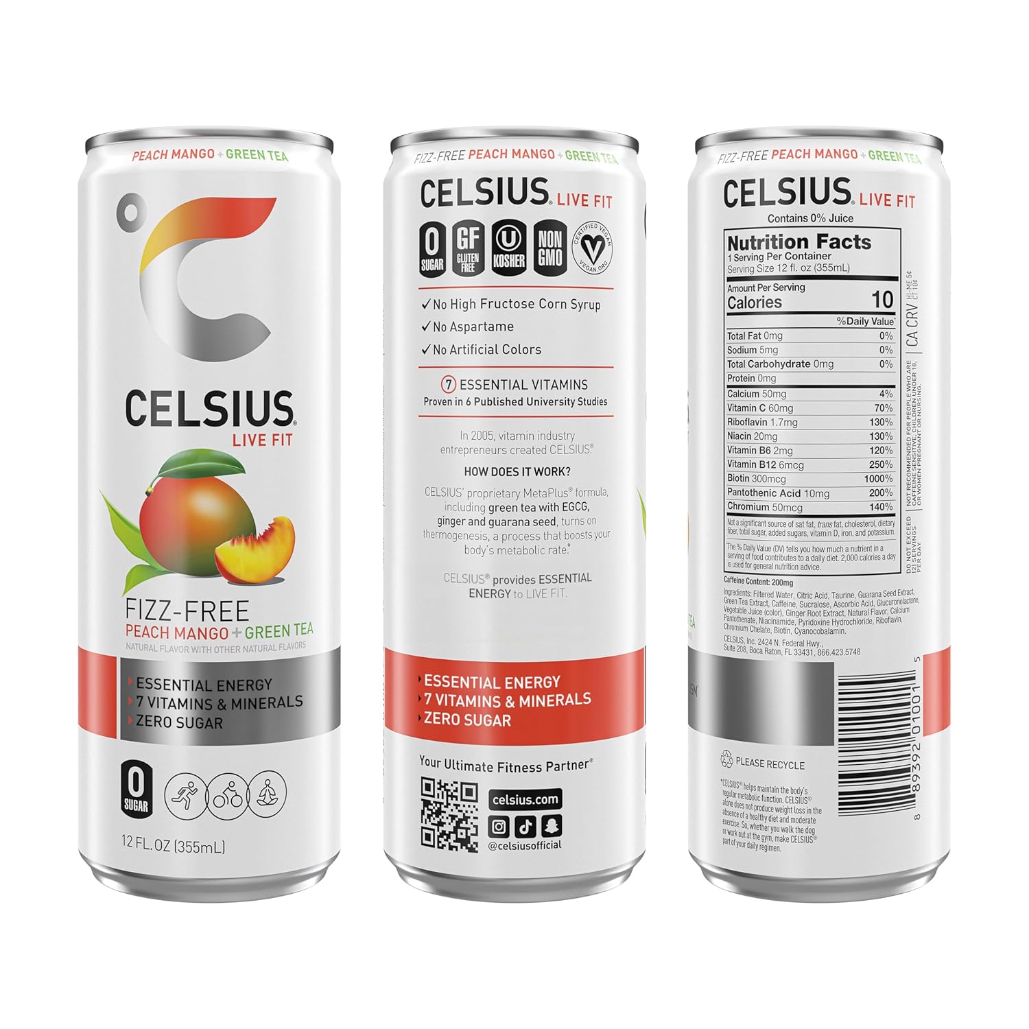 CELSIUS Fizz Free Peach Mango Green Tea, Sugar Free Energy Drink, 12 Fl Oz