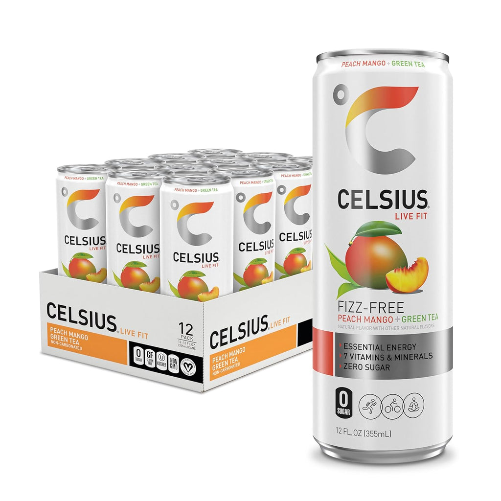 CELSIUS Fizz Free Peach Mango Green Tea, Sugar Free Energy Drink, 12 Fl Oz