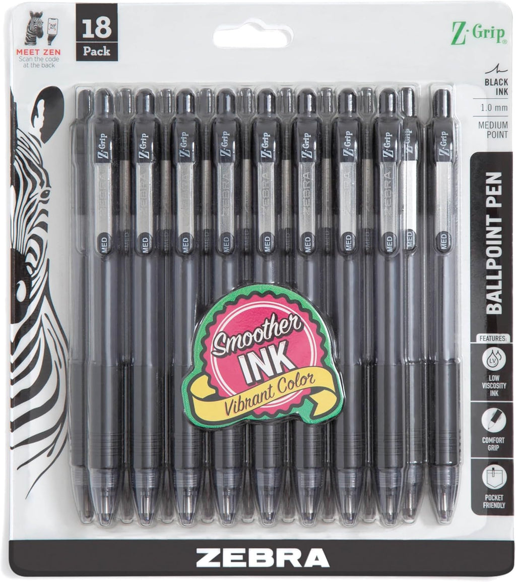 Zebra Pen Z-Grip Retractable Ballpoint Pen, Smooth-Flowing Black Ink, 1.0mm