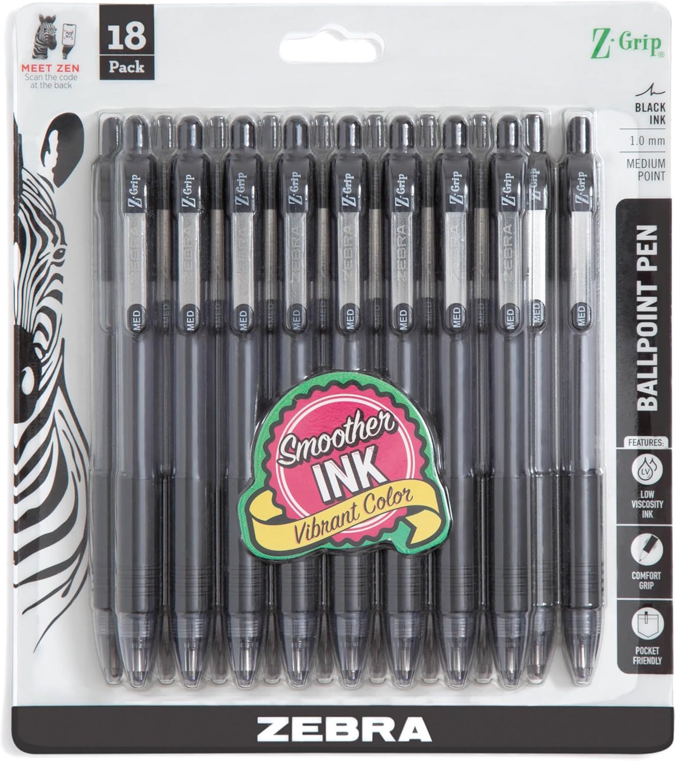 Zebra Pen Z-Grip Retractable Ballpoint Pen, Smooth-Flowing Black Ink, 1.0mm