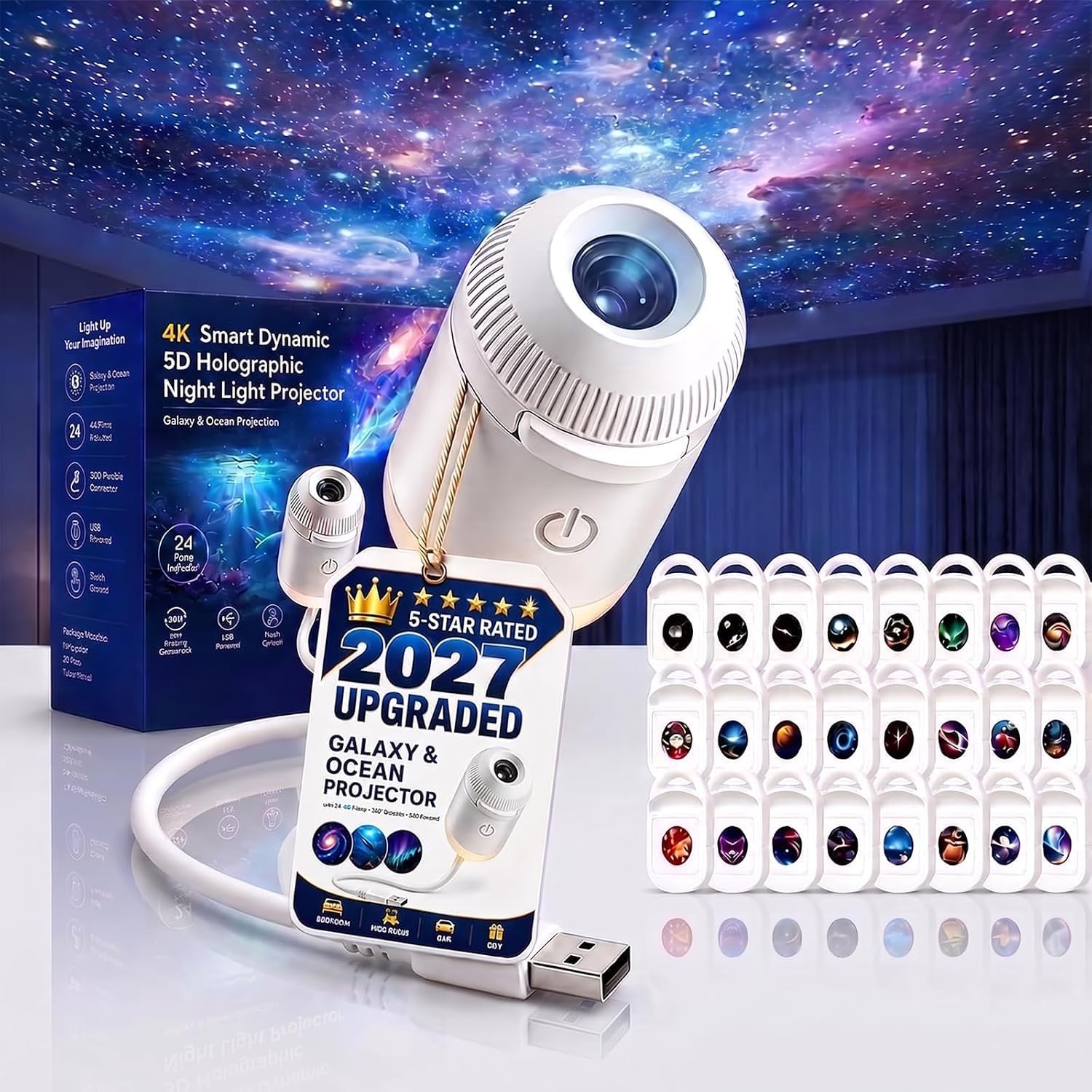 2027 Upgraded Hd Smart Dynamic 5d Holographic Night Light Projector, Plug and