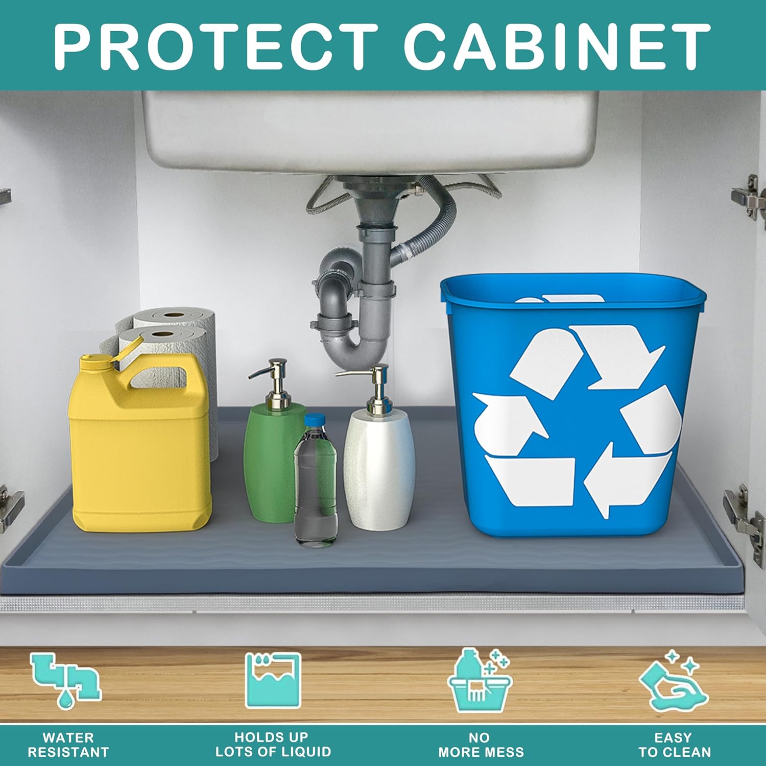 URMONA Waterproof Silicone Under Sink Mat 31'' x 22'' Shelf Liner for Kitchen