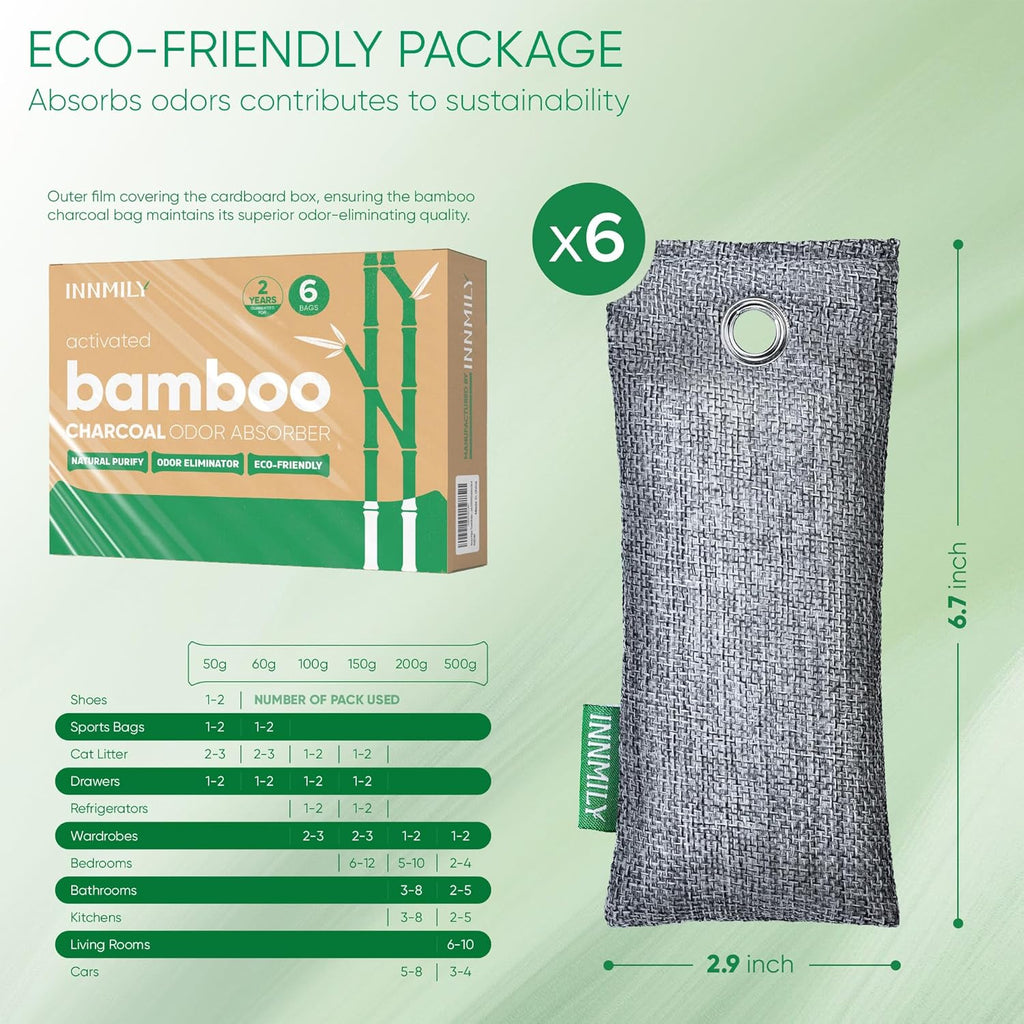 Activated Charcoal Odor Absorber, 6 Pack Natural Shoe Odor Eliminator, Bamboo