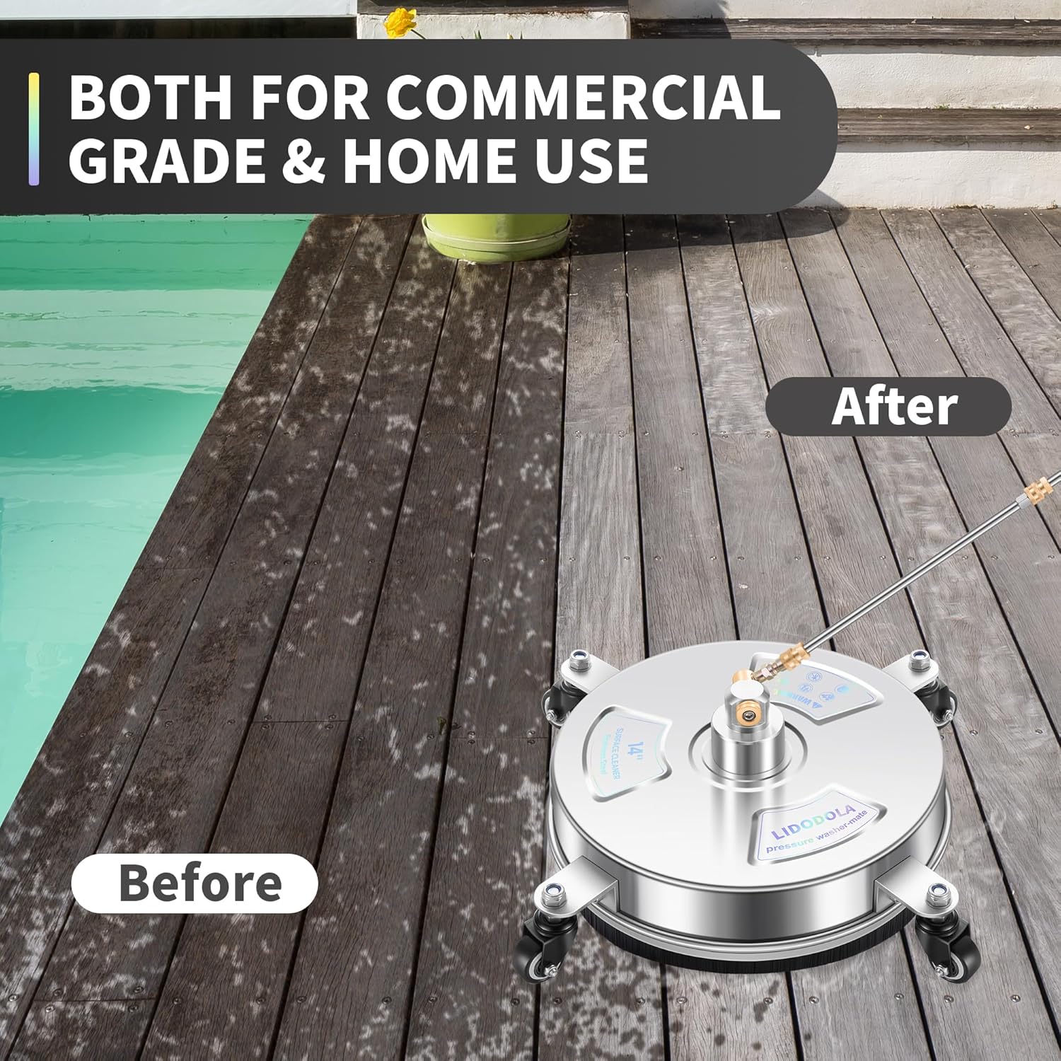 14" Pressure Washer Surface Cleaner with 4 Wheels - Stainless Steel Surface