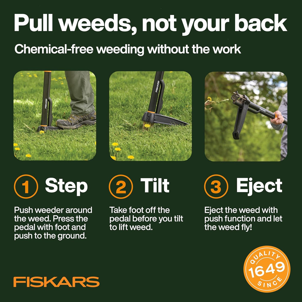 Fiskars Stand-Up Weed Puller Tool, 4 Serrated Stainless Steel Claws Grip