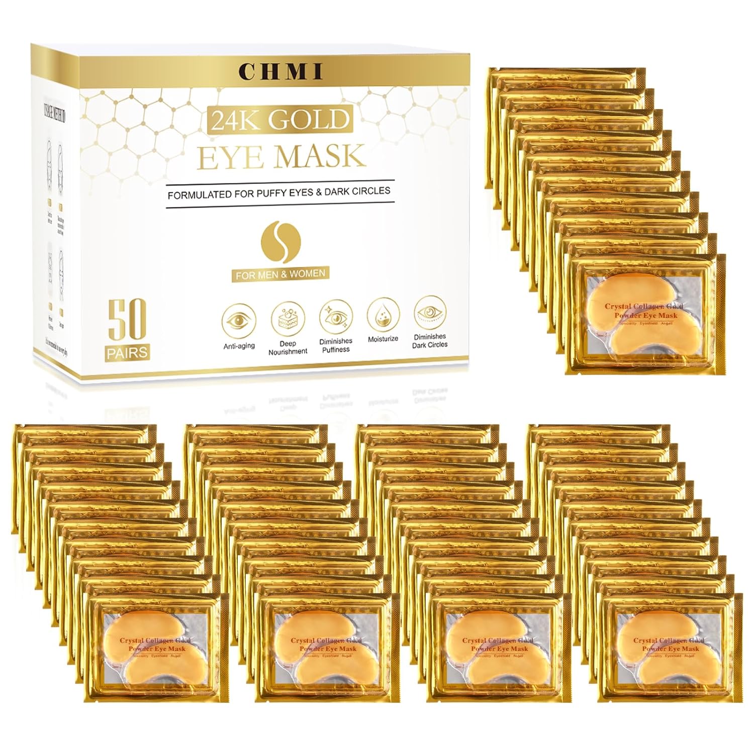 CHMI Under Eye Patches (50 Pairs) - 24K Gold Eye Patches for Puffy Eyes, Dark