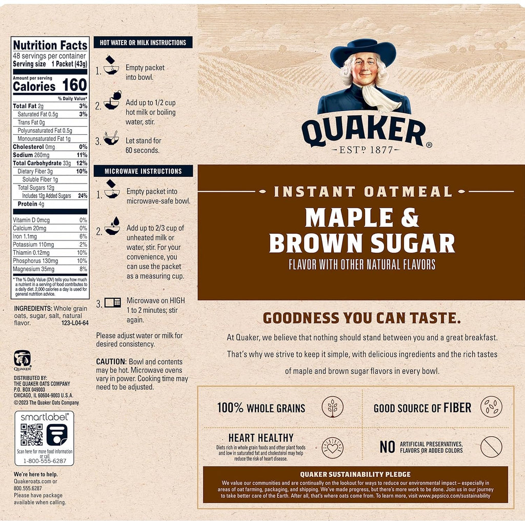 Quaker Instant Oatmeal, Maple & Brown Sugar, Individual Packets, 1.51 Ounce
