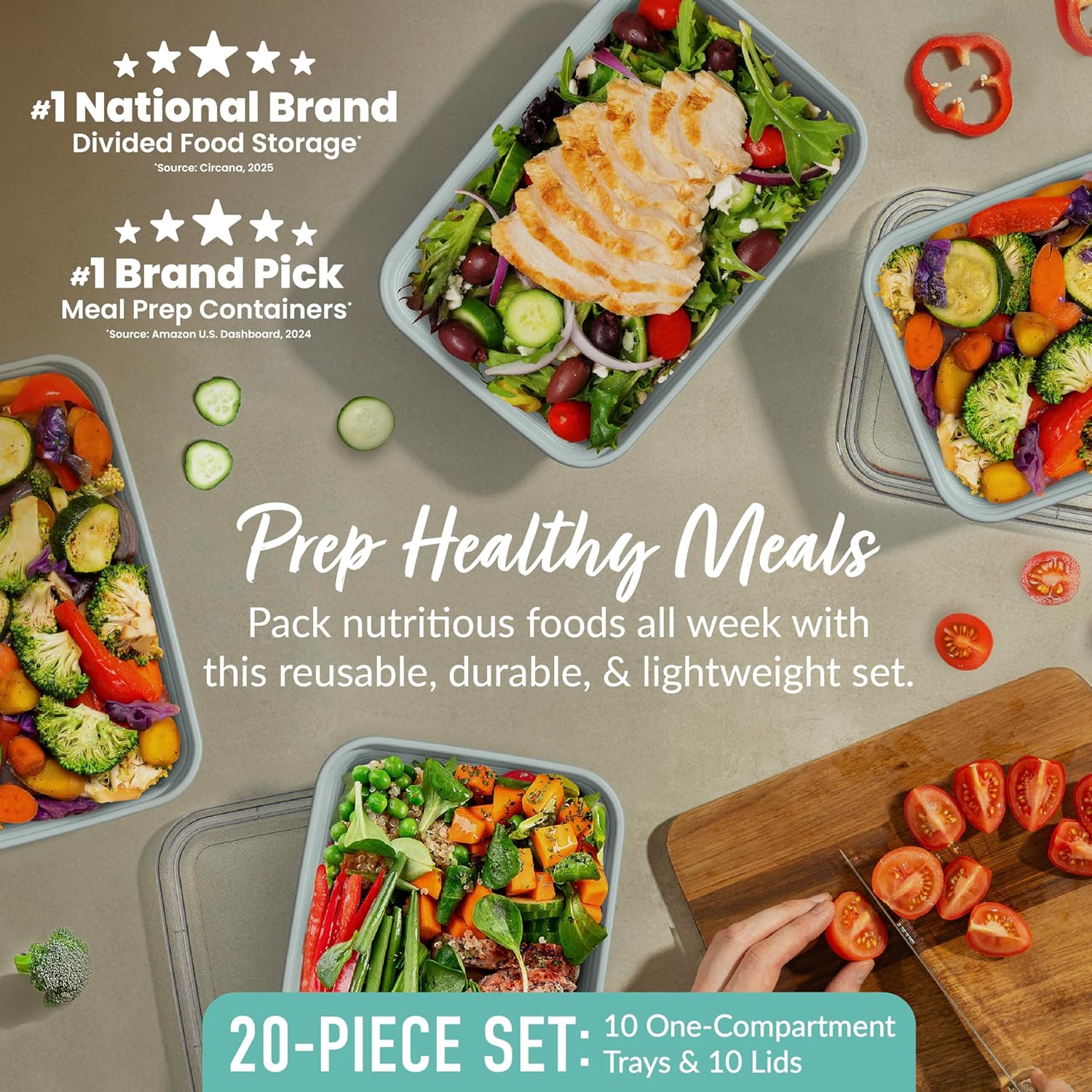 Bentgo Prep - 20-Piece 1-Compartment Reusable Meal Prep Containers with Lids