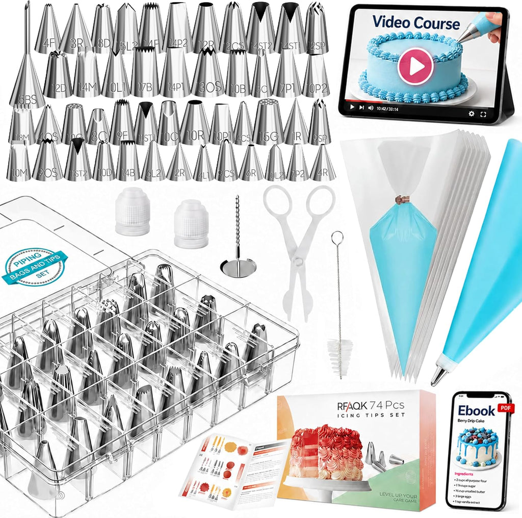 RFAQK 74PCs Icing Piping Bags and Tips Set - icing decorating bags and tips