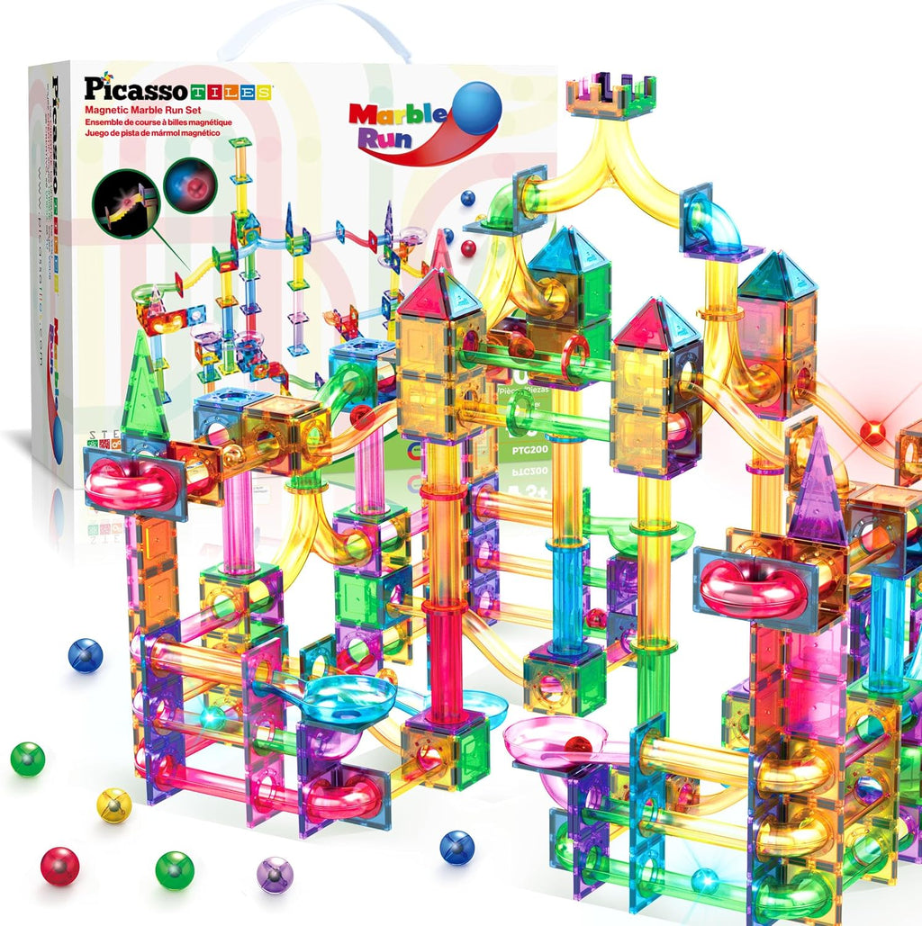 PicassoTiles 200 PCS Picasso Tiles Marble Run LED Race Track Set Ages 3+