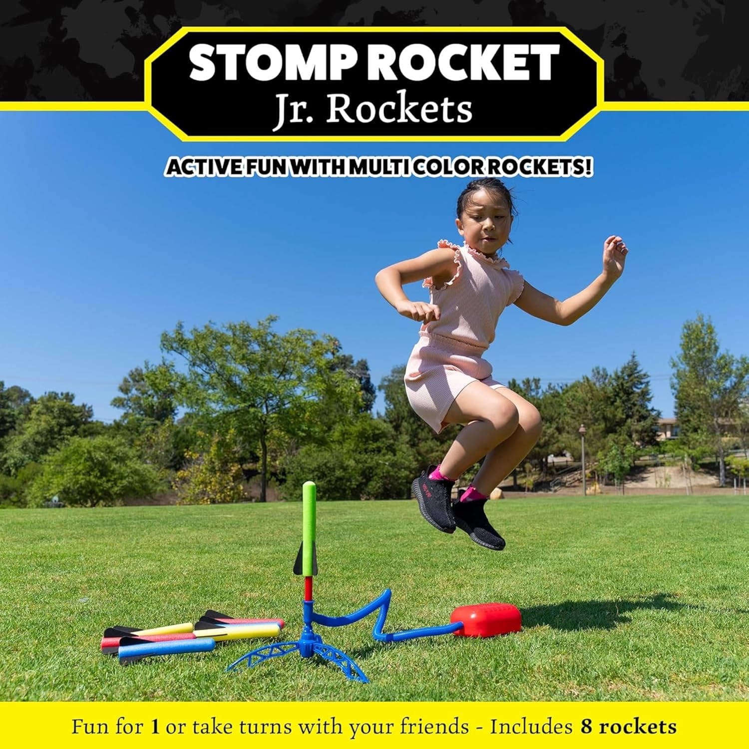 Stomp Rocket Jr Multi-Color Rocket Launcher for Kids, 8 Rockets - Fun Outdoor