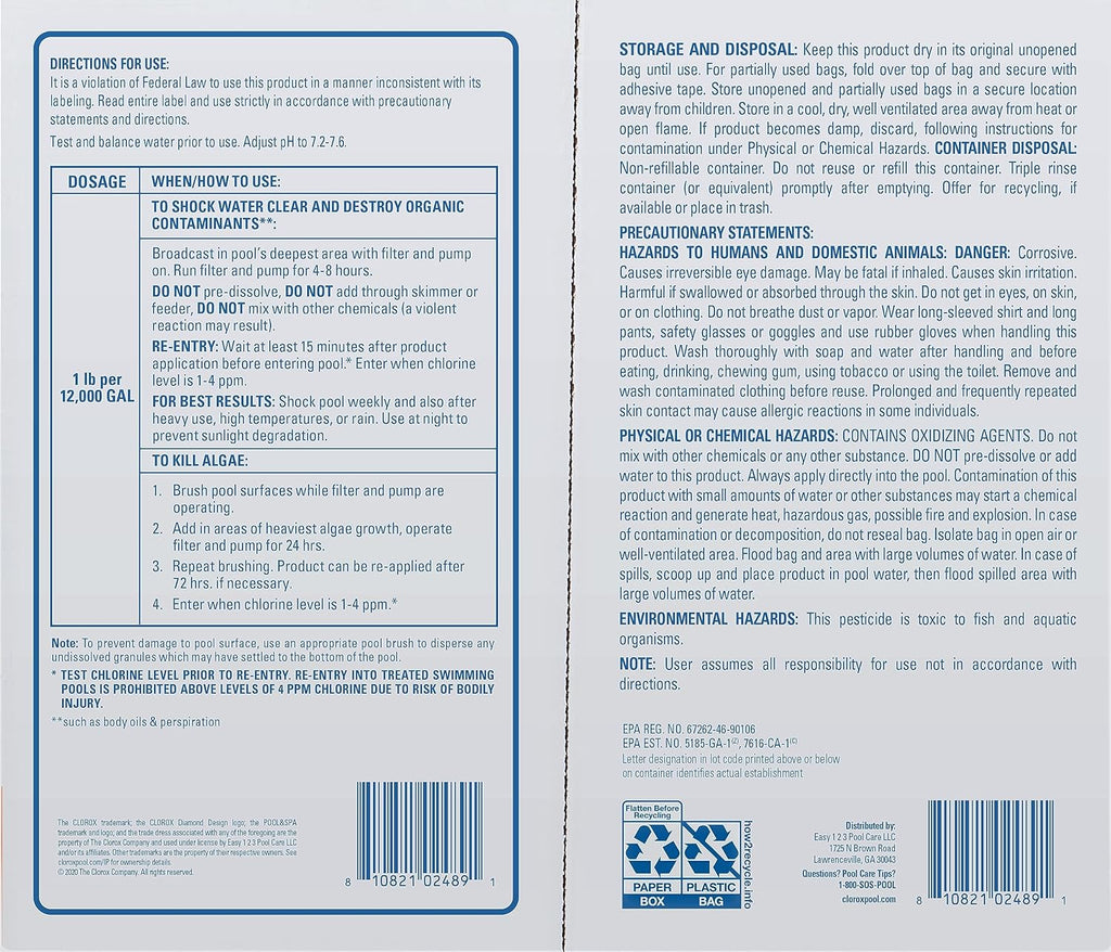 Cloroxå¨ Pool&Spa‰ã¢ Shock XTRABLUEå¨ Plus, Kills Bacteria & Algae in
